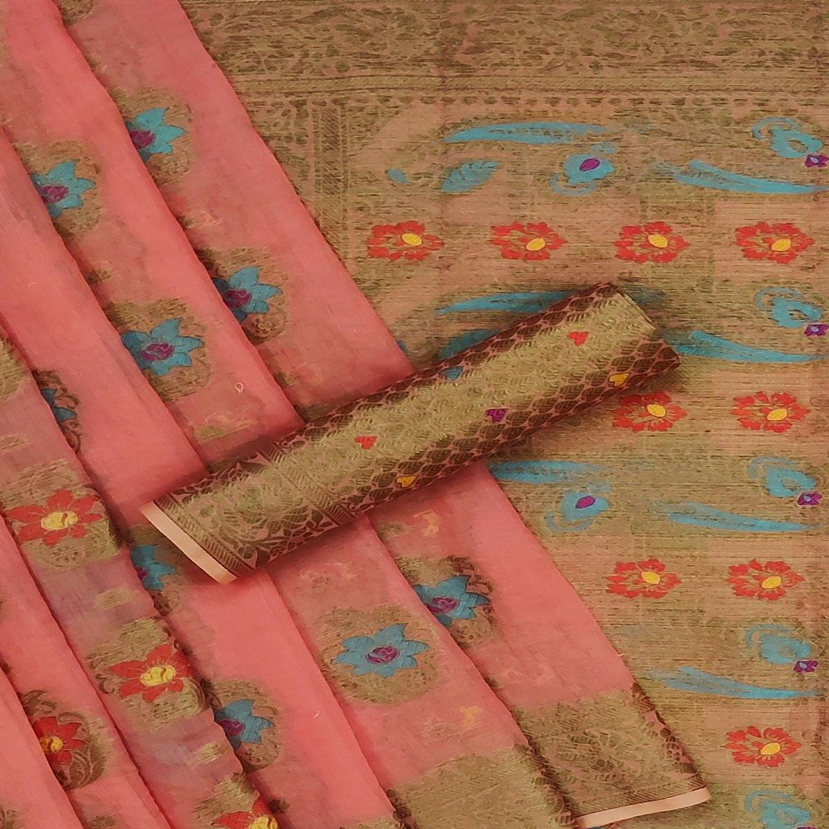 Peach Festive Wear Printed Cotton Saree - Peachmode