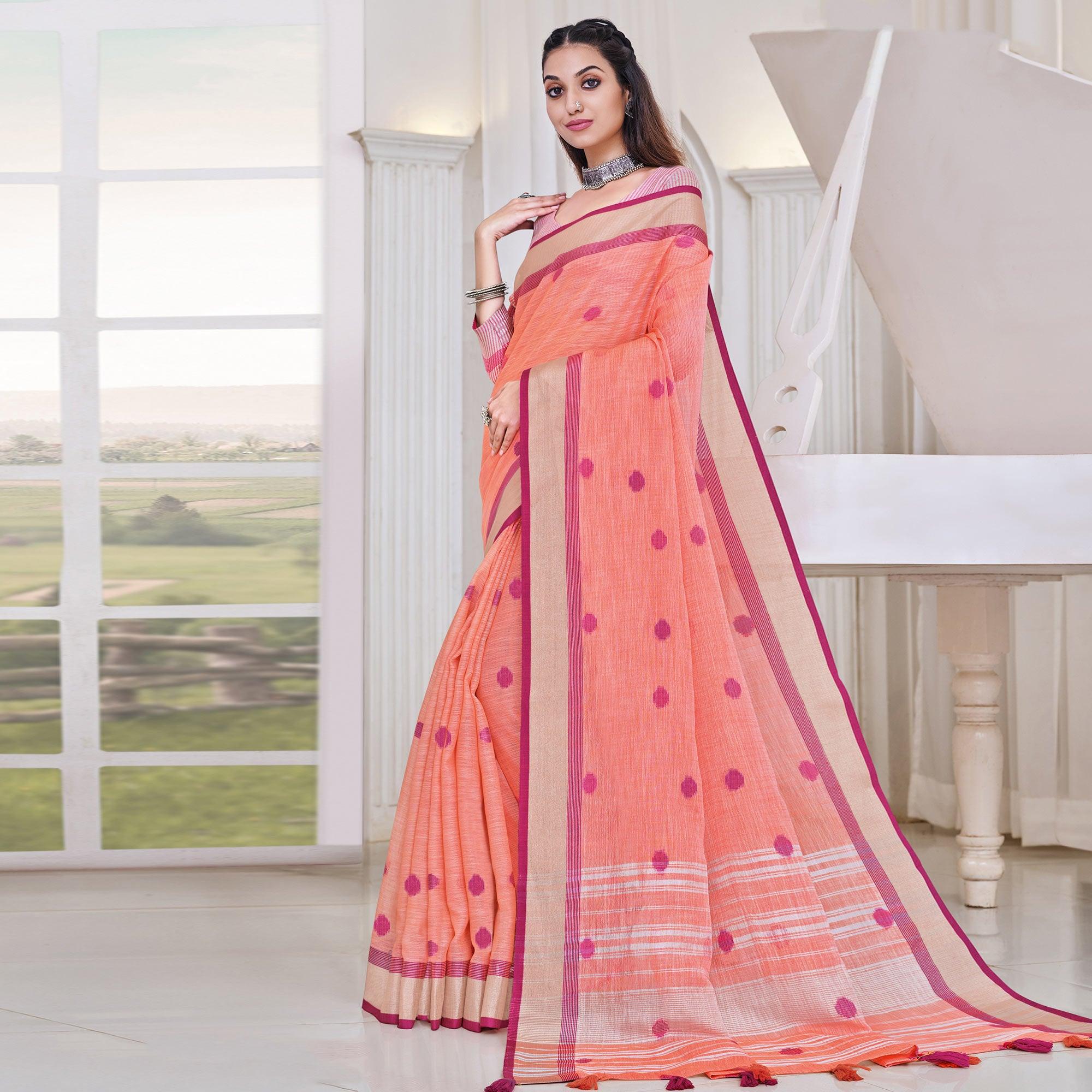 Peach Festive Wear Printed Linen Saree - Peachmode