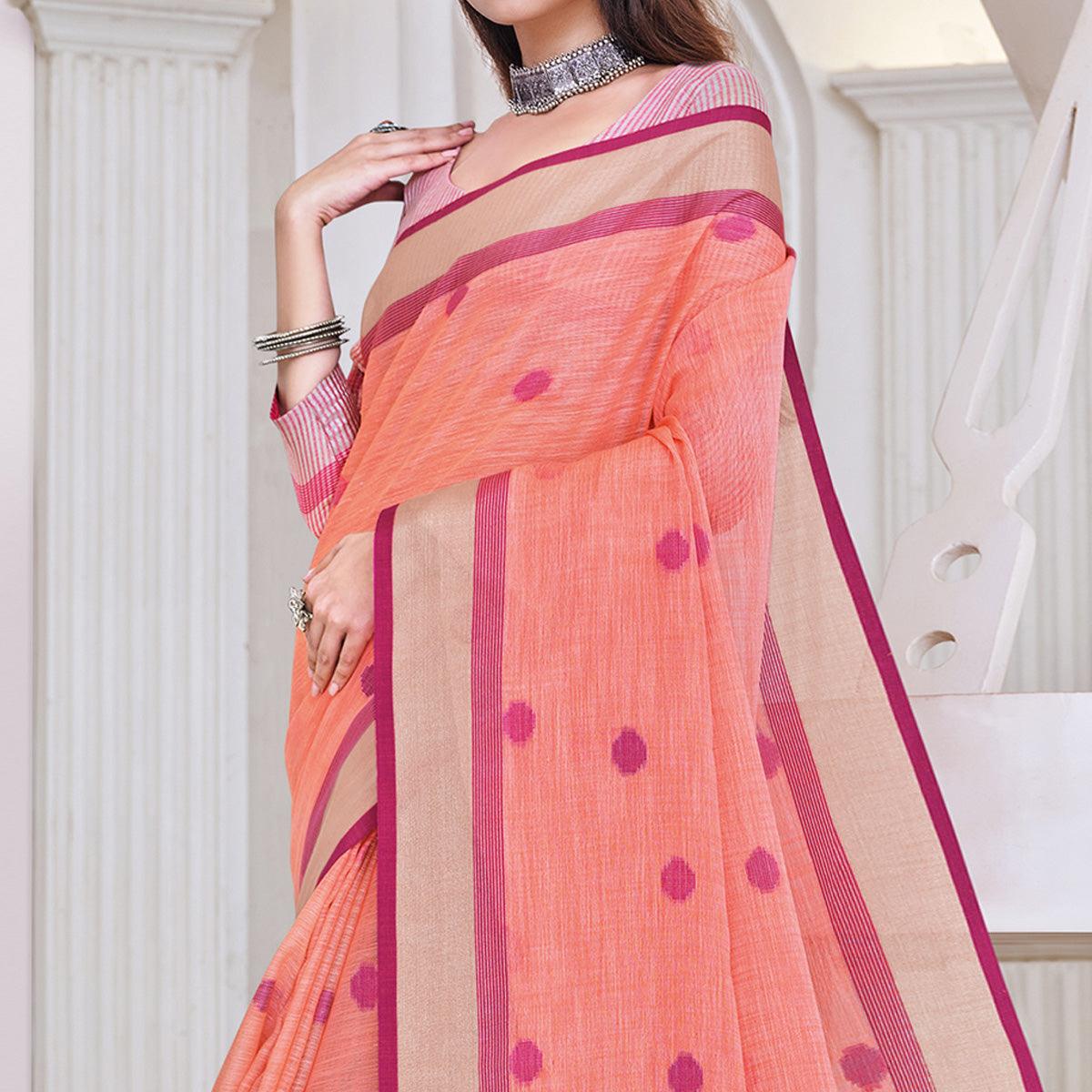 Peach Festive Wear Printed Linen Saree - Peachmode