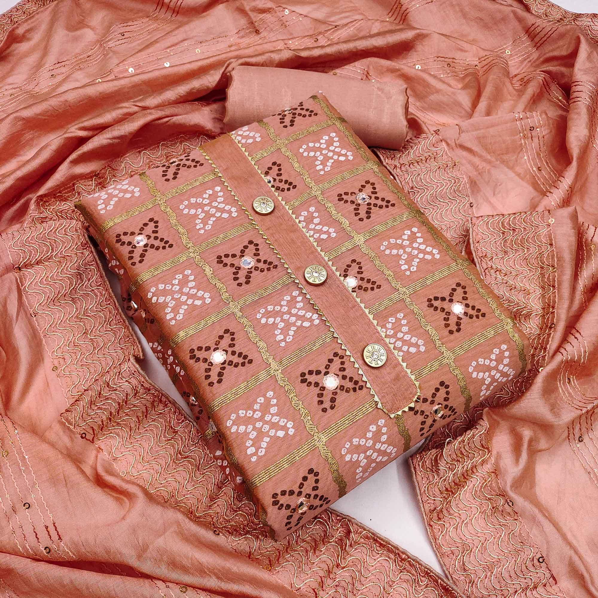 Peach Festive Wear Printed With Handwork Modal Dress Material - Peachmode