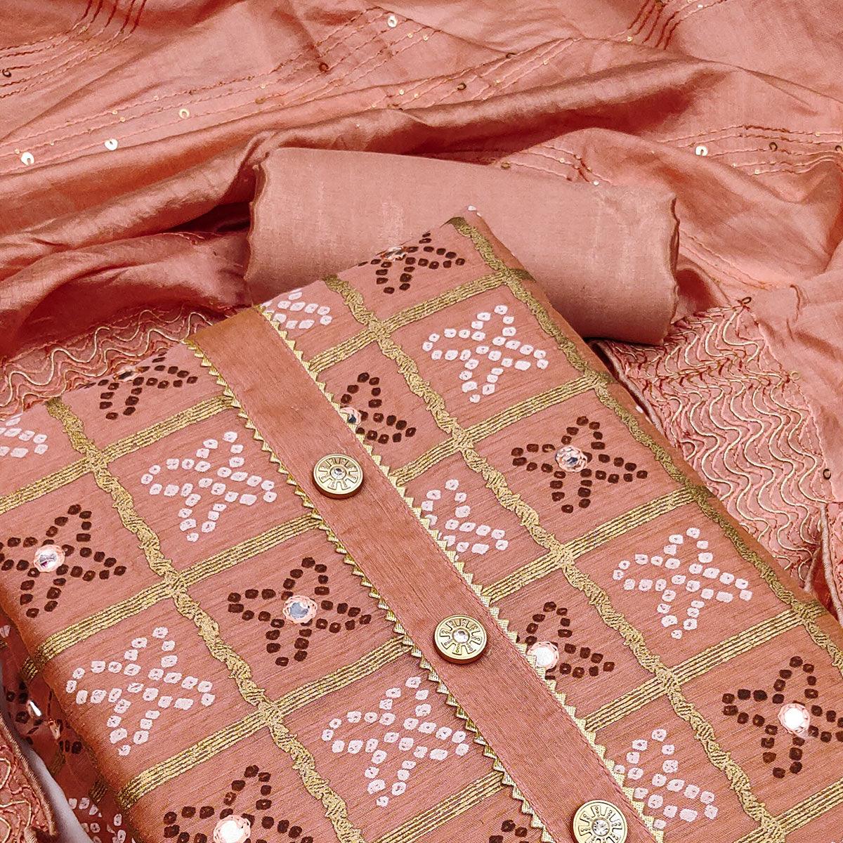 Peach Festive Wear Printed With Handwork Modal Dress Material - Peachmode