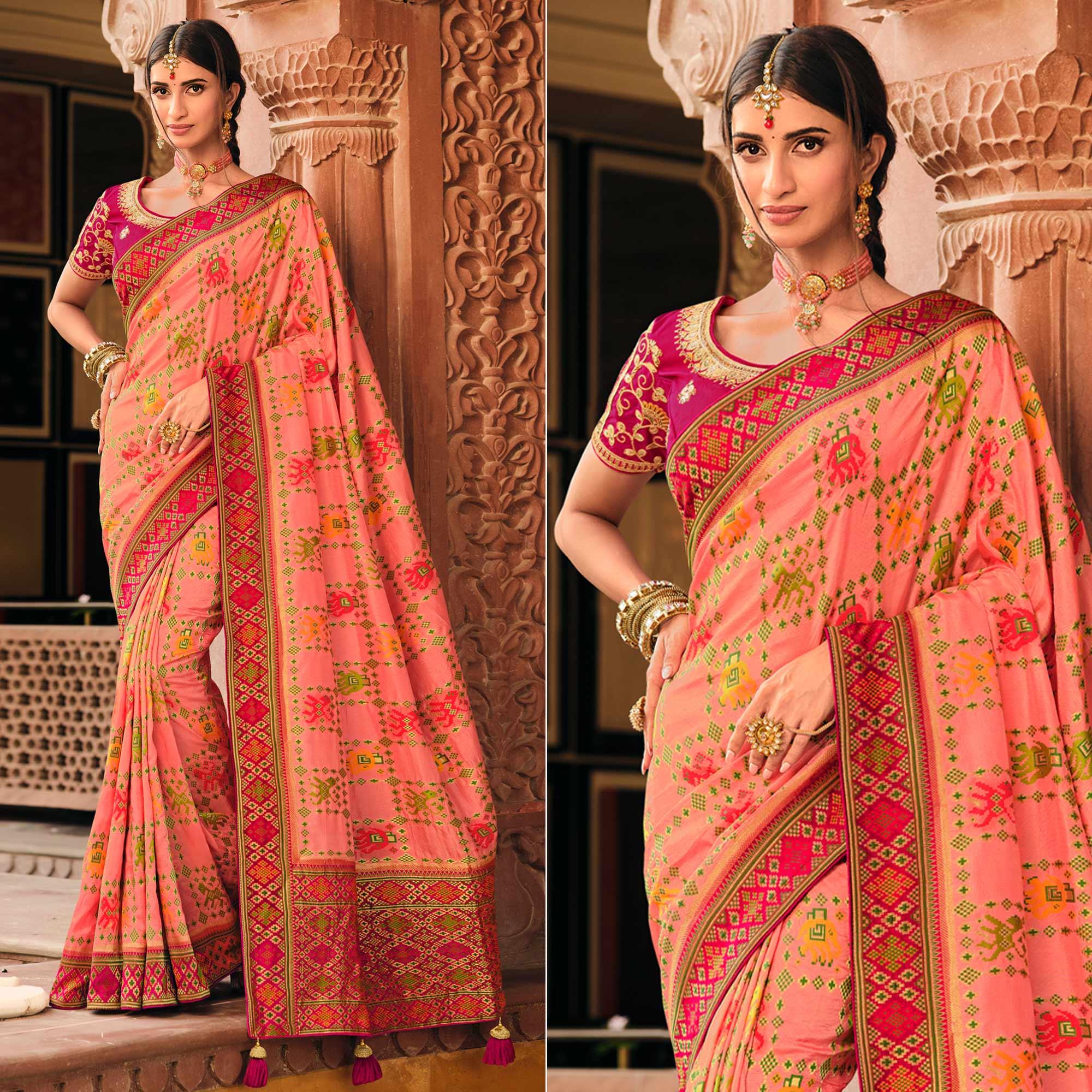 Peach Festive Wear Printed Woven Silk Saree - Peachmode
