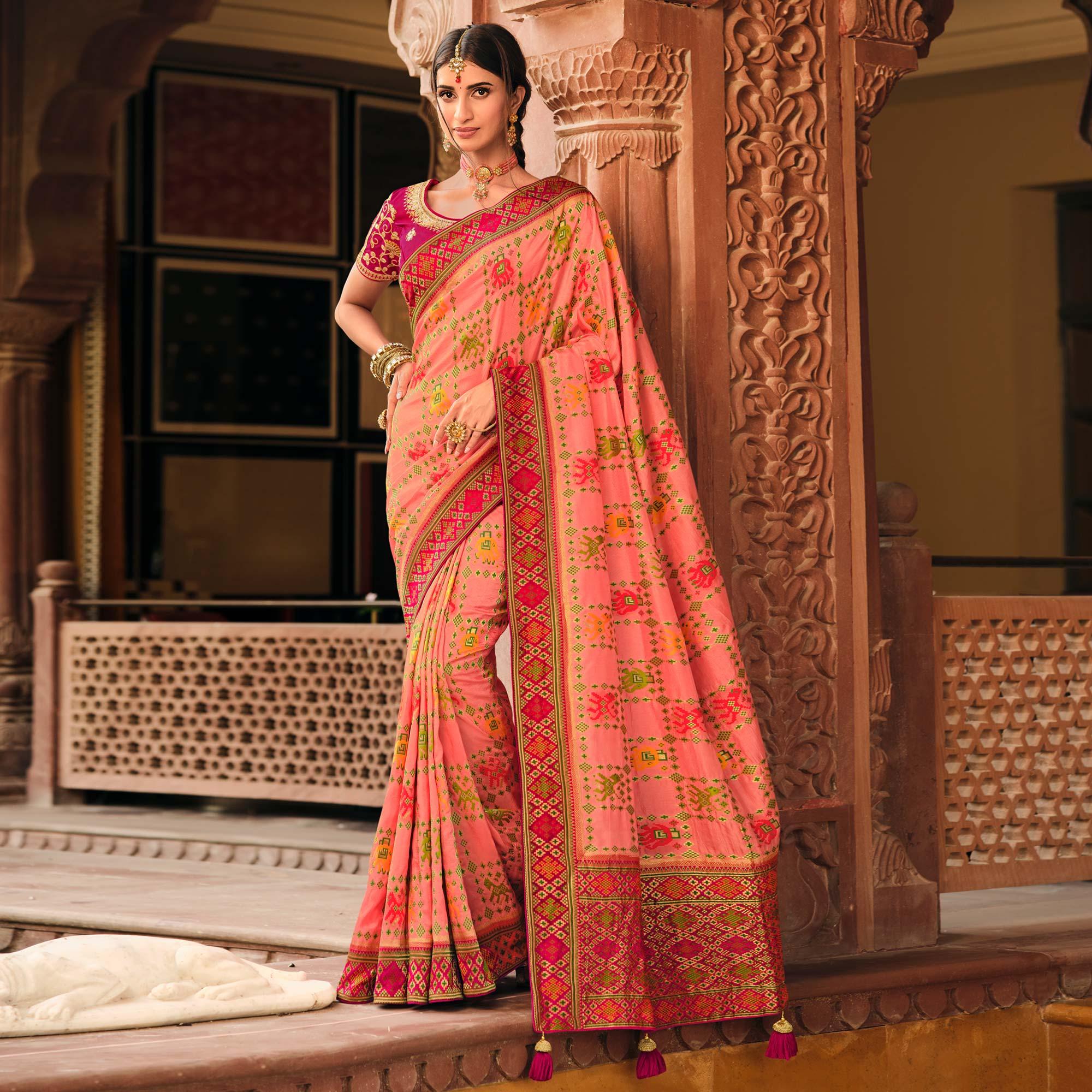 Peach Festive Wear Printed Woven Silk Saree - Peachmode