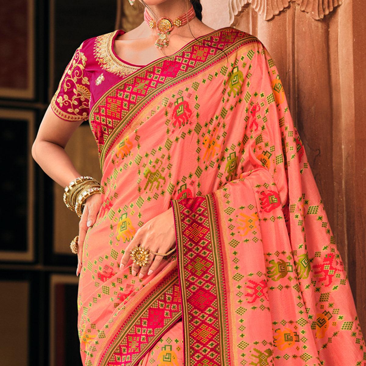 Peach Festive Wear Printed Woven Silk Saree - Peachmode