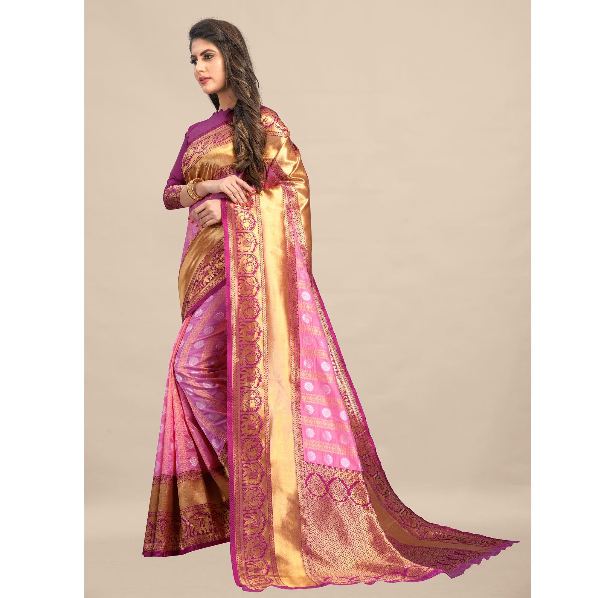 Peach Festive Wear Rich Woven Border Soft Banarasi Silk Saree - Peachmode