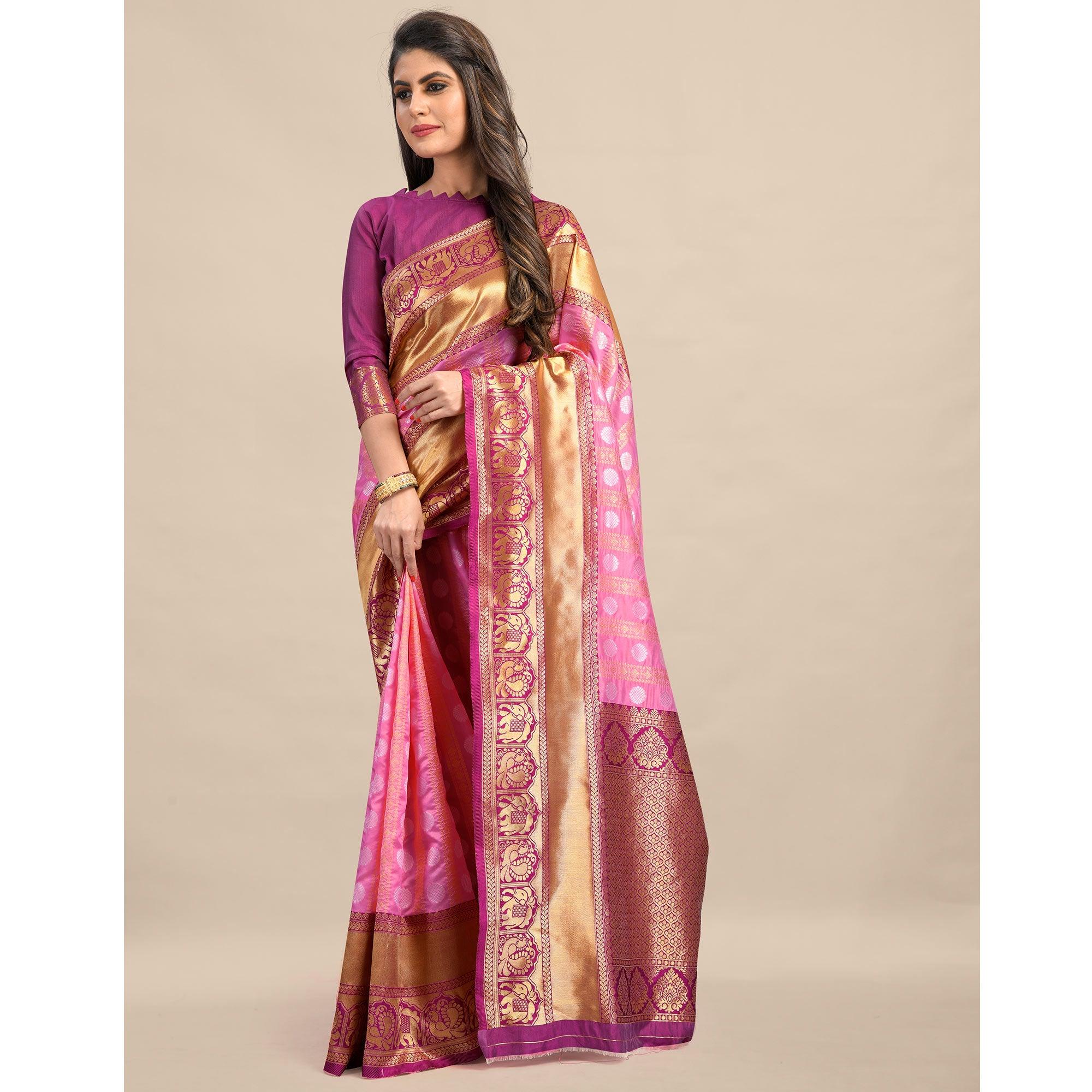 Peach Festive Wear Rich Woven Border Soft Banarasi Silk Saree - Peachmode