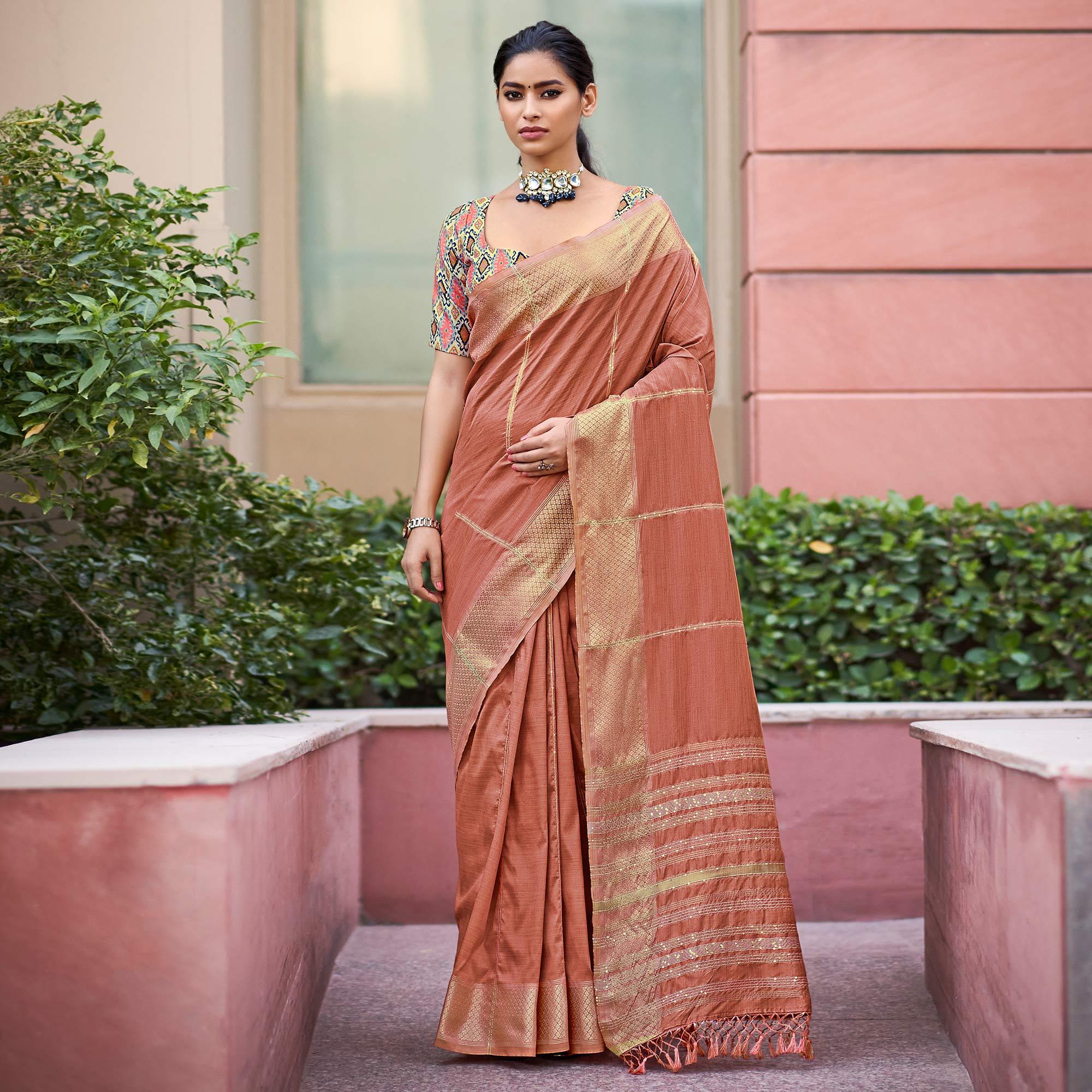 Peach Festive Wear Sequence Digital Work Silk Saree - Peachmode