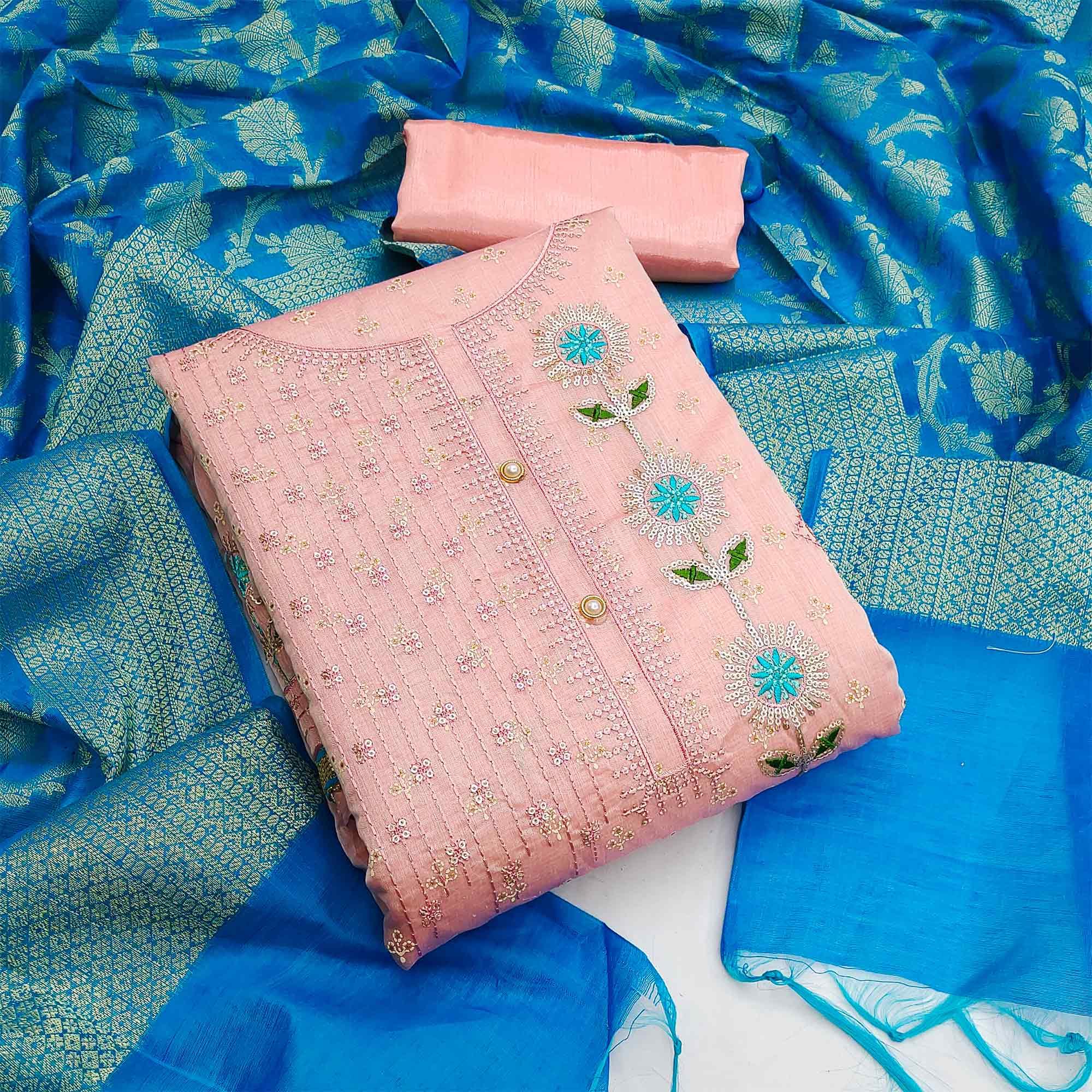 Peach Festive Wear Sequence Embroidered Chanderi Dress Material - Peachmode