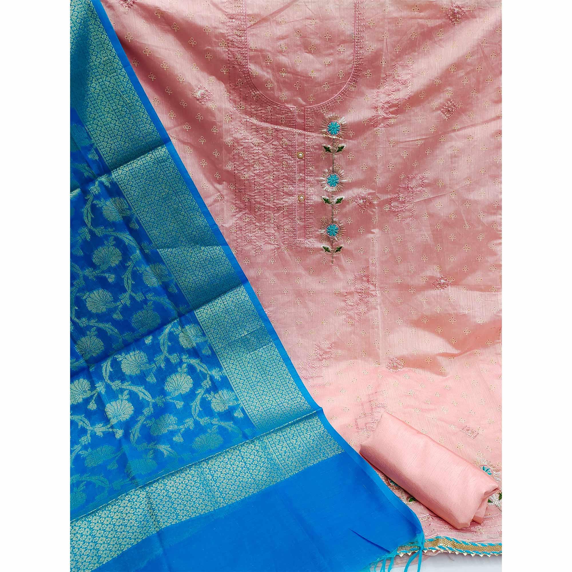 Peach Festive Wear Sequence Embroidered Chanderi Dress Material - Peachmode