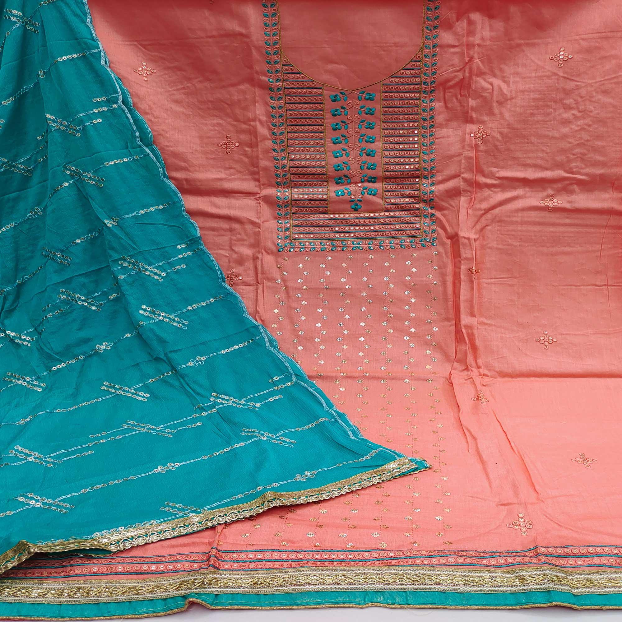 Peach Festive Wear Sequence Embroidered Cotton Dress Material - Peachmode
