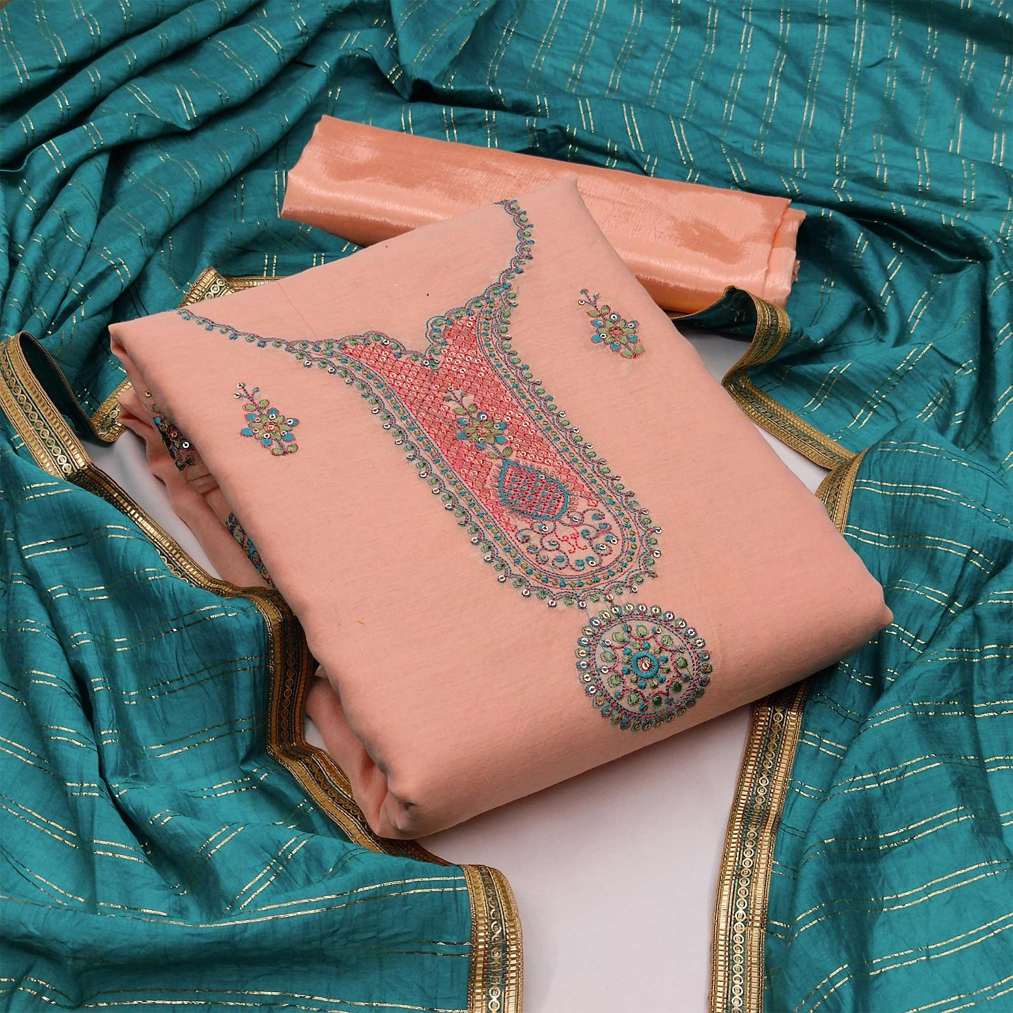 Peach Festive Wear Sequence Embroidery With Handwork Modal Chanderi Dress Material - Peachmode
