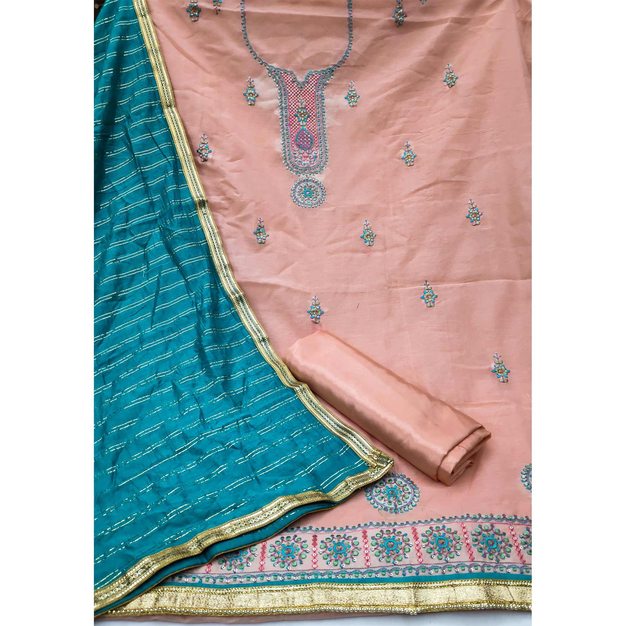Peach Festive Wear Sequence Embroidery With Handwork Modal Chanderi Dress Material - Peachmode