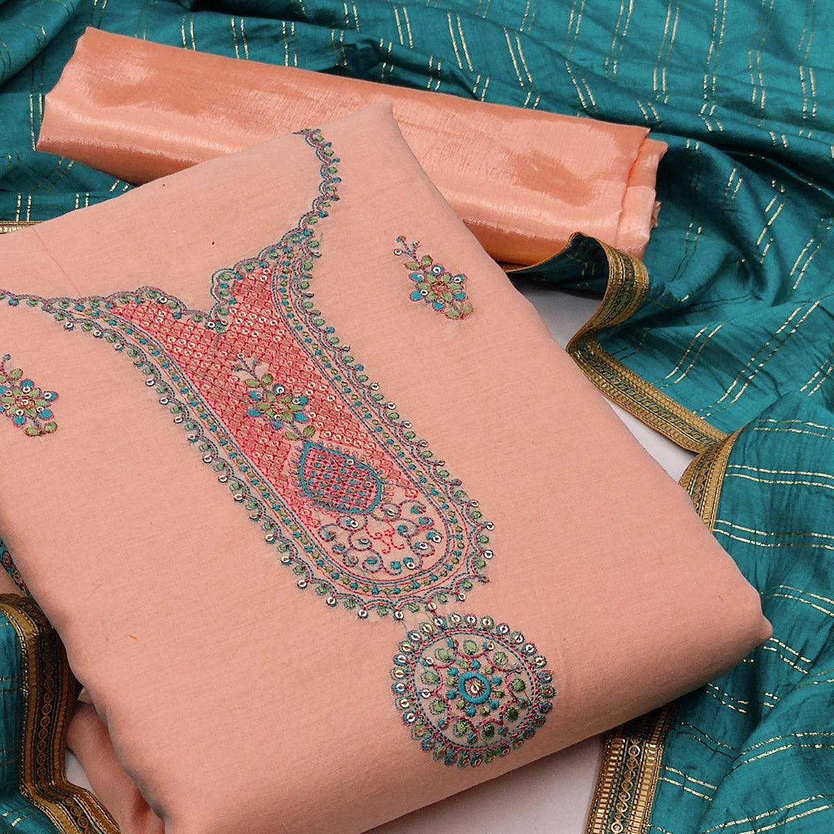 Peach Festive Wear Sequence Embroidery With Handwork Modal Chanderi Dress Material - Peachmode