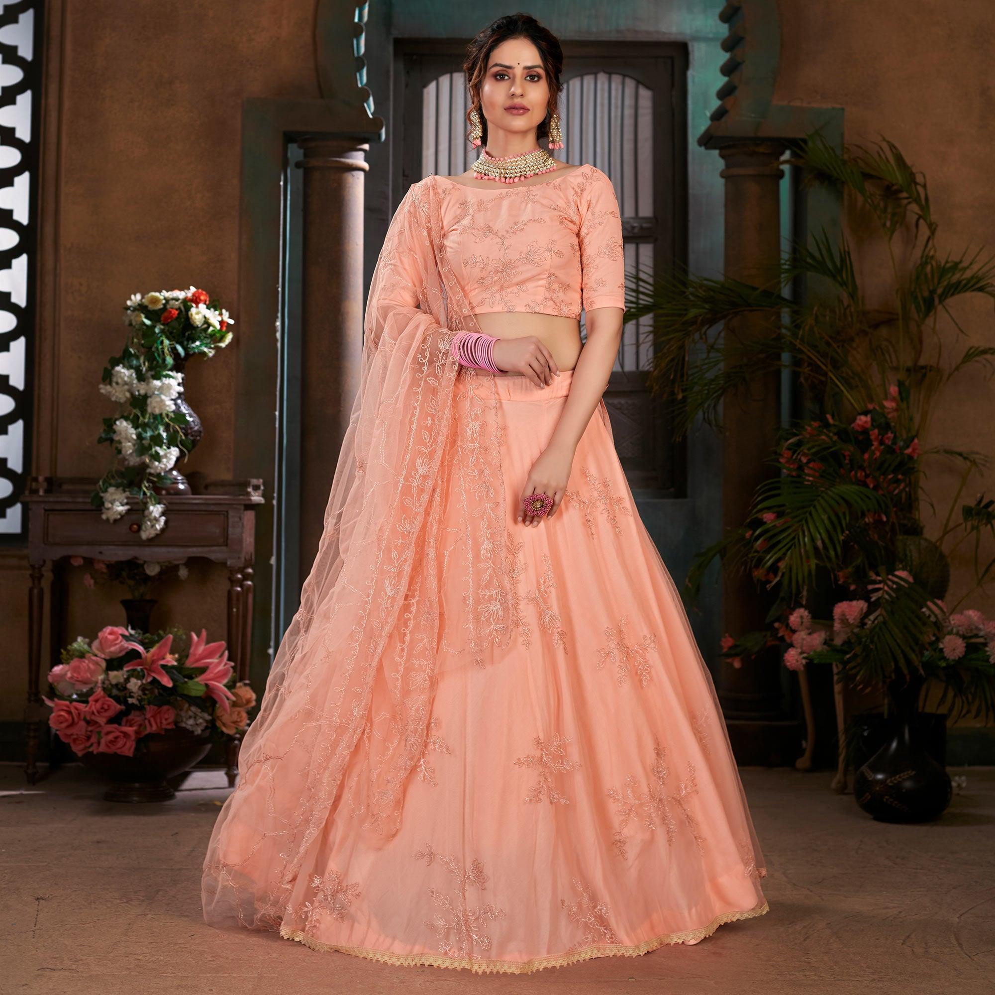 Peach Festive Wear Thread Embroidered Net Lehenga Choli - Peachmode