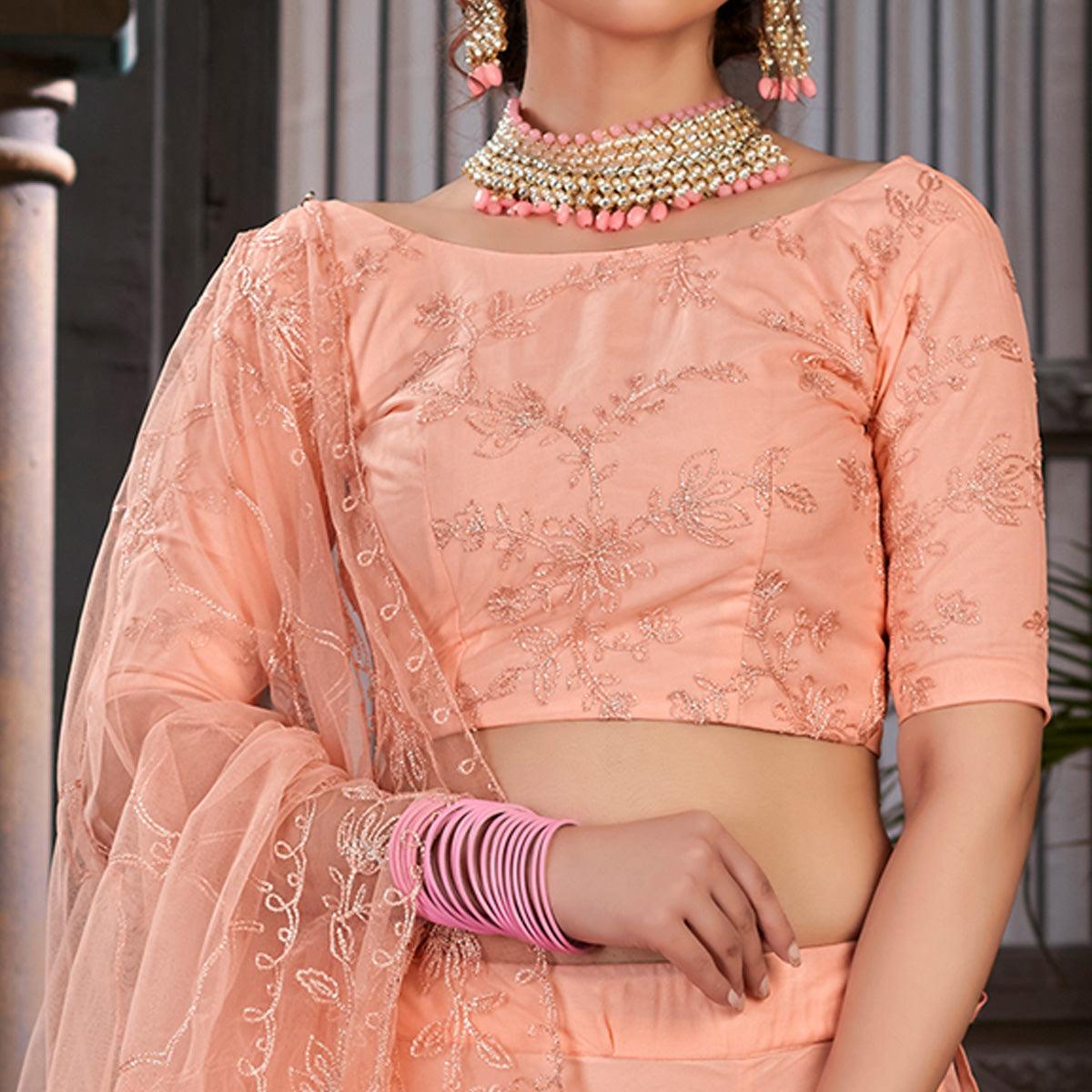 Peach Festive Wear Thread Embroidered Net Lehenga Choli - Peachmode