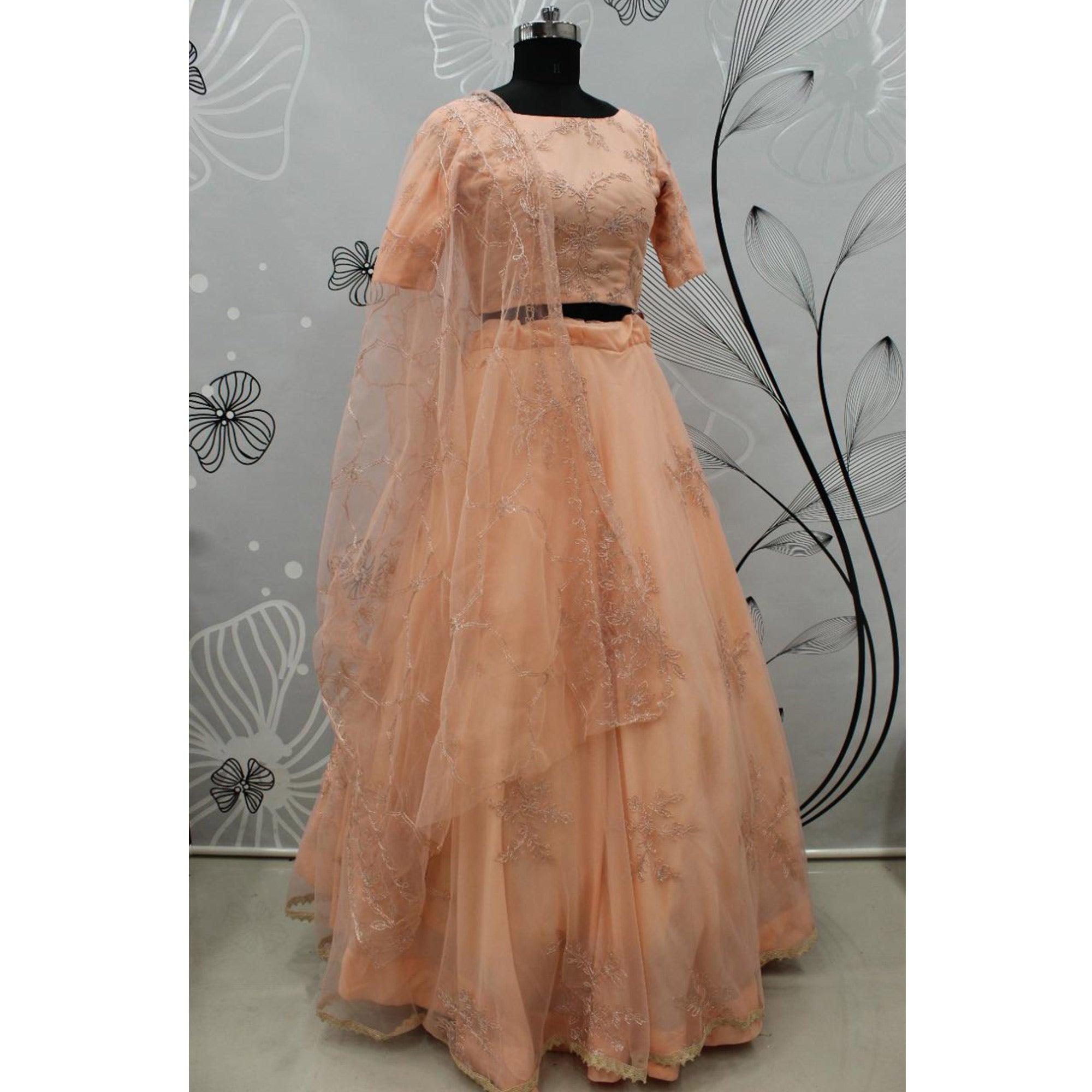 Peach Festive Wear Thread Embroidered Net Lehenga Choli - Peachmode