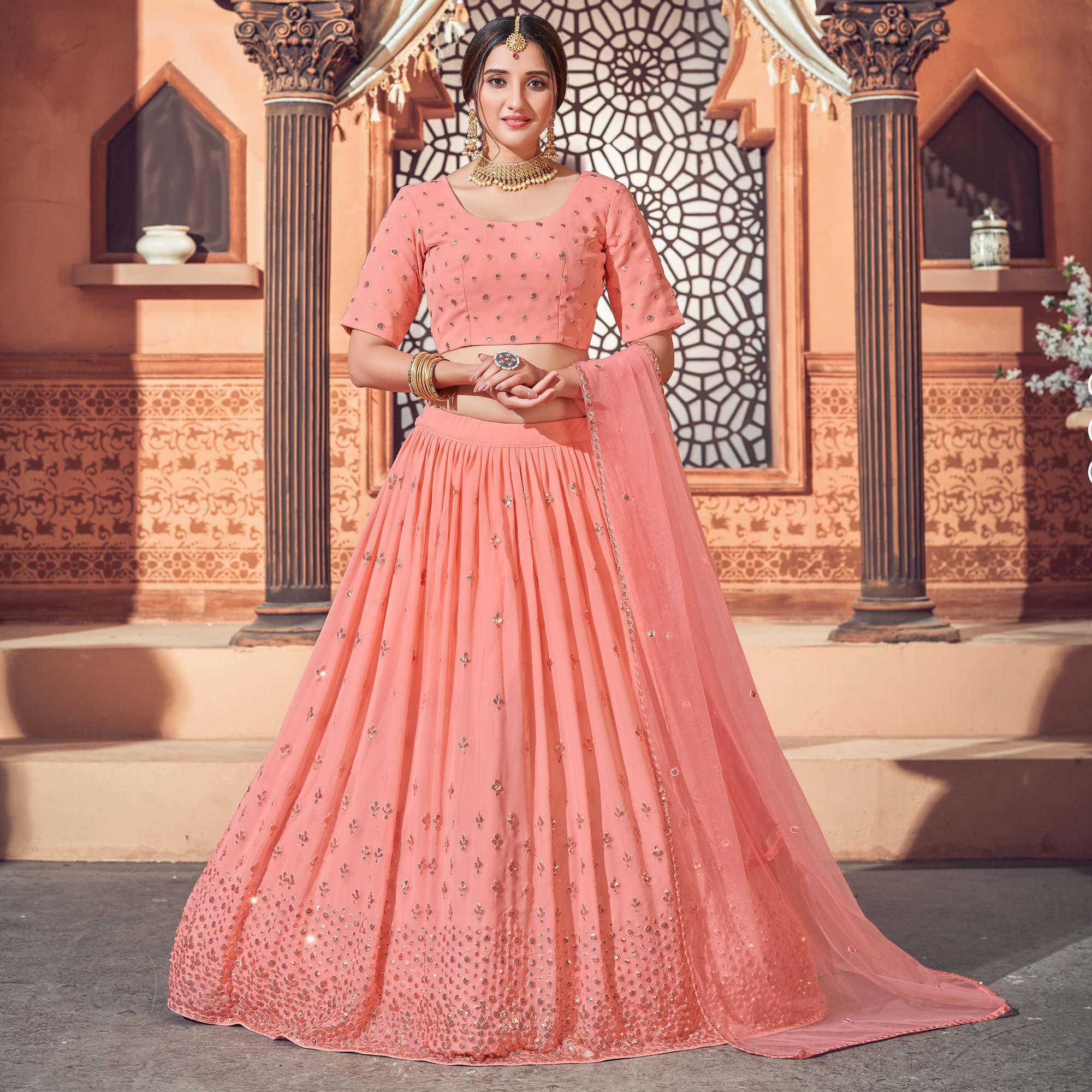 Peach Festive Wear Thread with Sequence Embroidered Georgette Lehenga Choli - Peachmode
