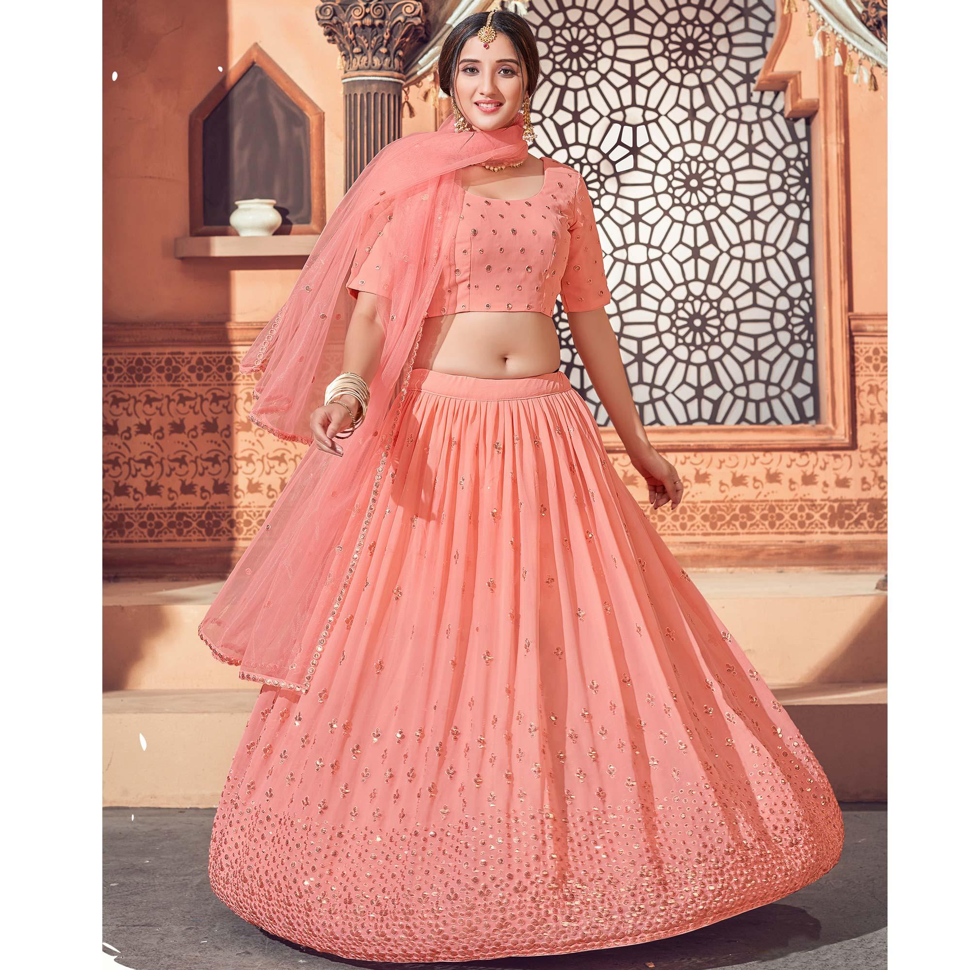 Peach Festive Wear Thread with Sequence Embroidered Georgette Lehenga Choli - Peachmode
