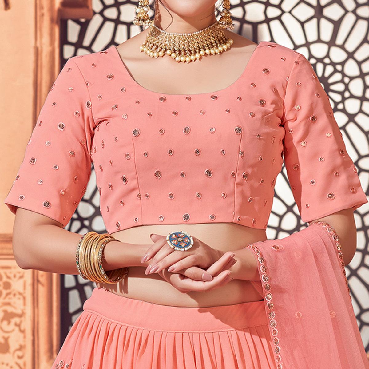 Peach Festive Wear Thread with Sequence Embroidered Georgette Lehenga Choli - Peachmode