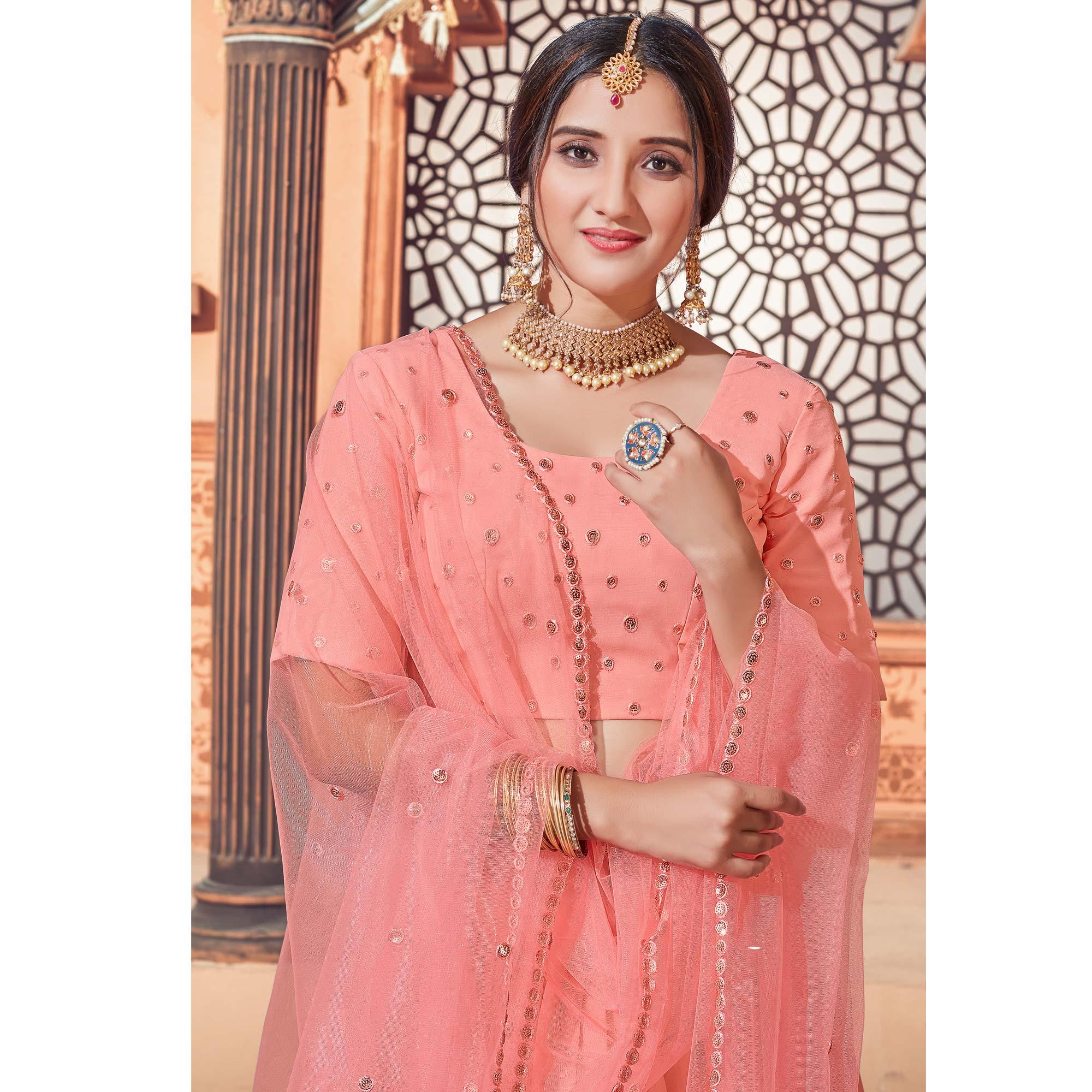 Peach Festive Wear Thread with Sequence Embroidered Georgette Lehenga Choli - Peachmode