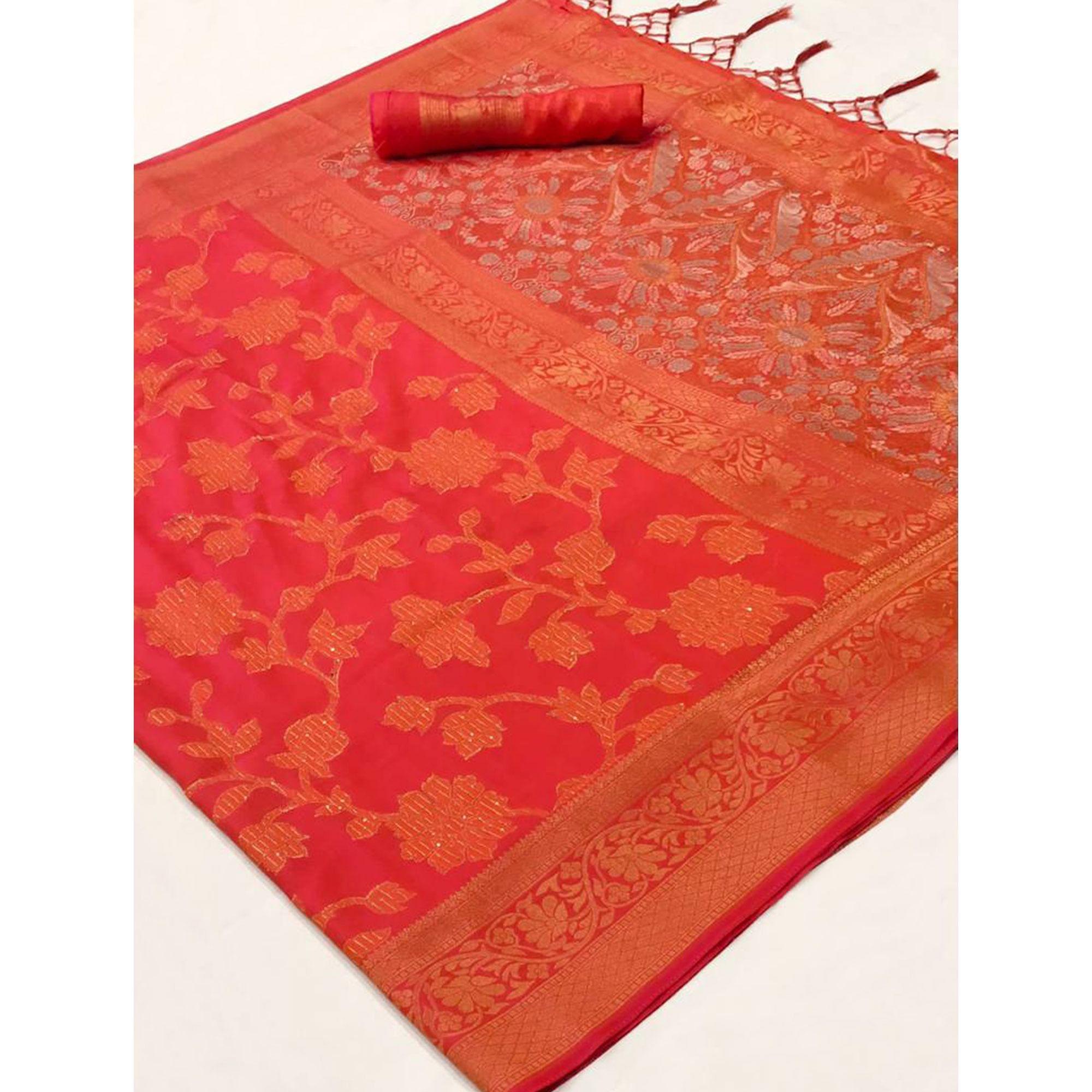 Peach Festive Wear Woven Art Silk Saree With Tassels - Peachmode