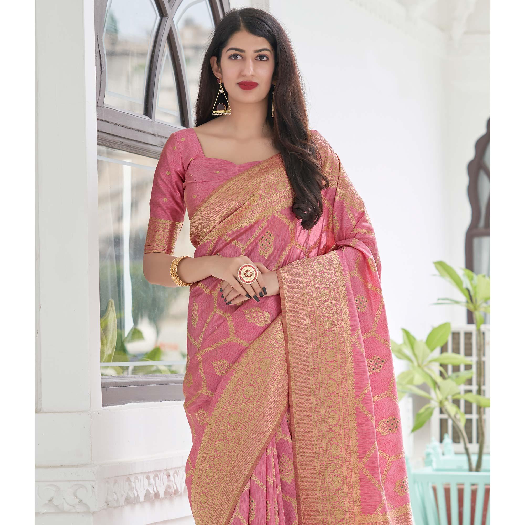 Peach Festive Wear Woven Banarasi Art Silk Saree - Peachmode