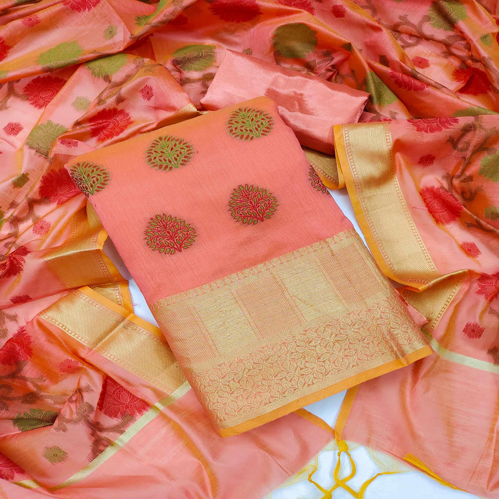Peach Festive Wear Woven Banarasi Jacquard Dress Material - Peachmode