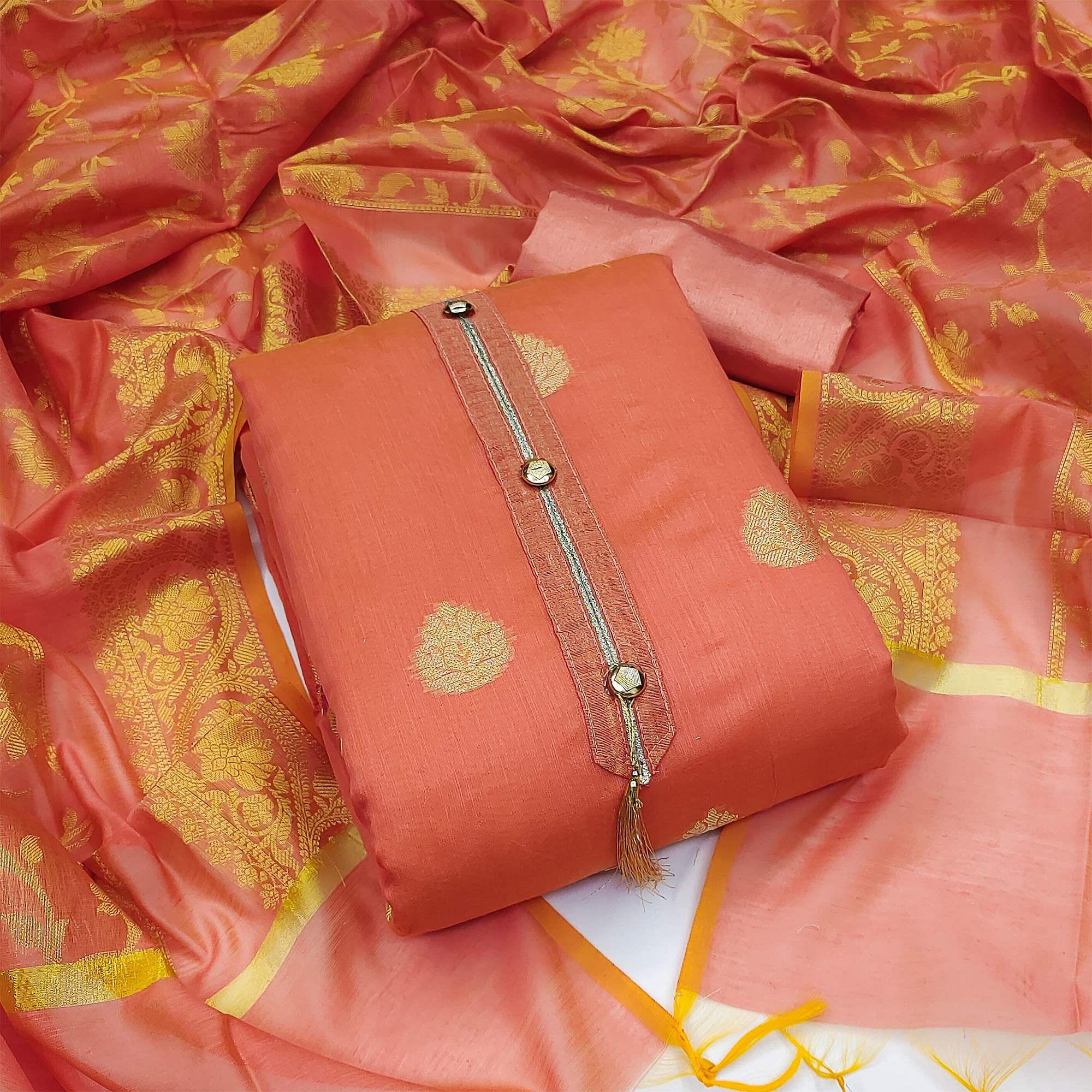 Peach Festive Wear Woven Banarasi Jacquard Dress Material - Peachmode