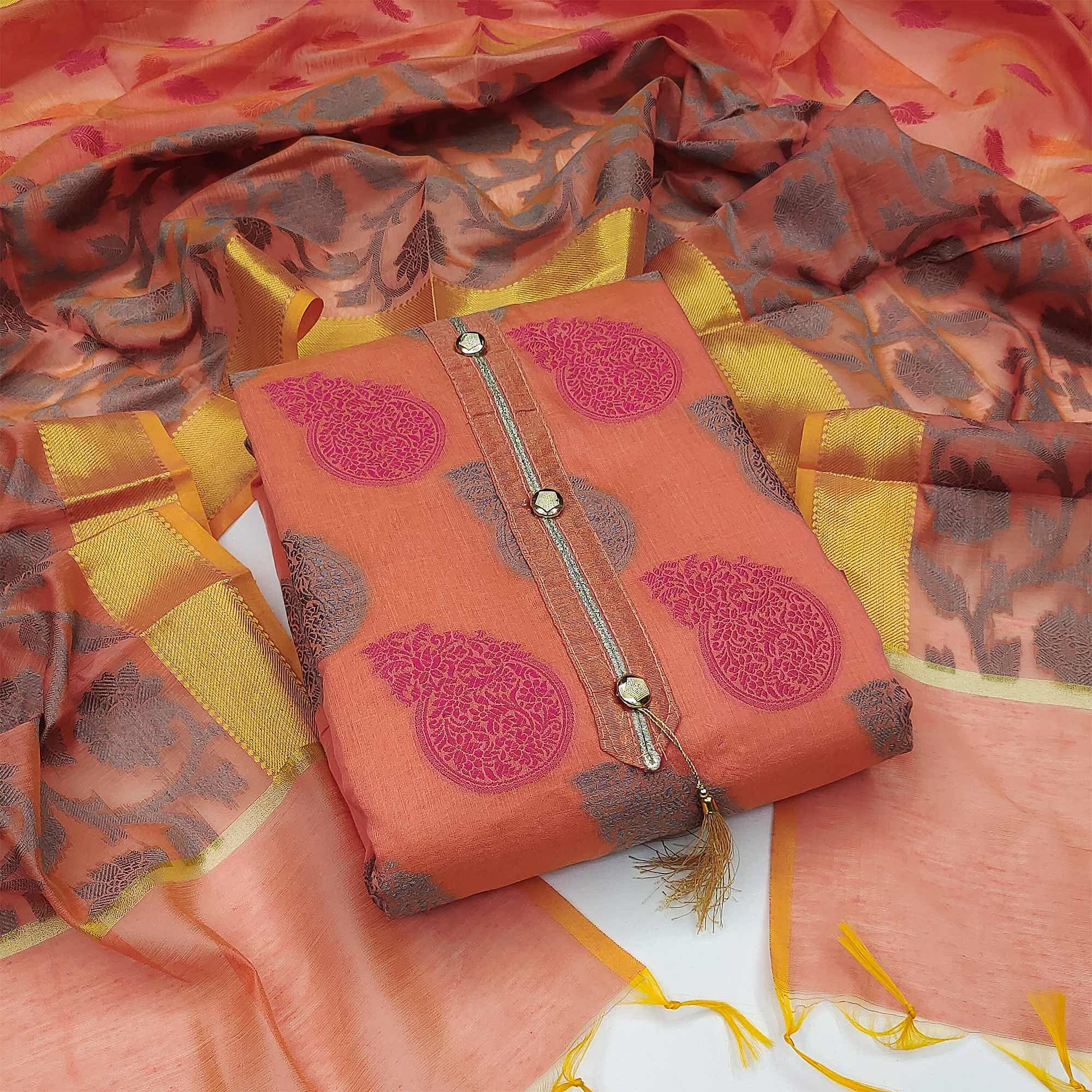 Peach Festive Wear Woven Banarasi Jacquard Dress Material - Peachmode