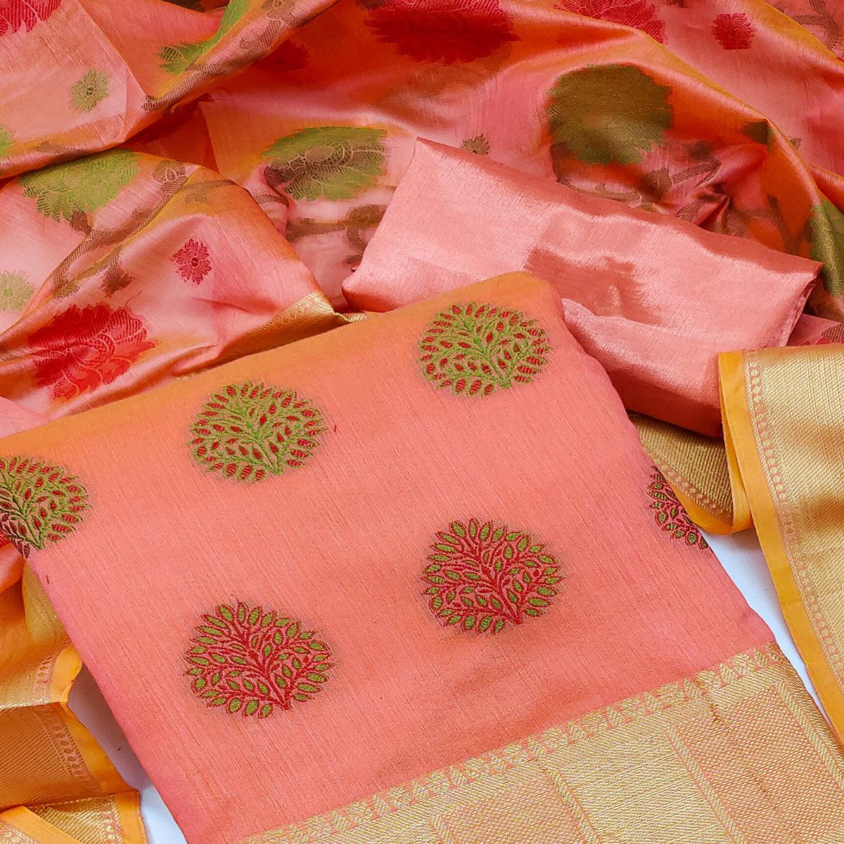 Peach Festive Wear Woven Banarasi Jacquard Dress Material - Peachmode