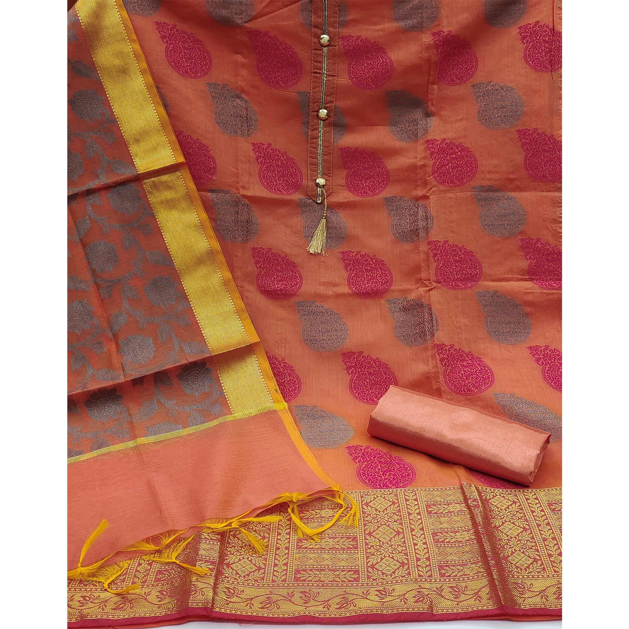 Peach Festive Wear Woven Banarasi Jacquard Dress Material - Peachmode