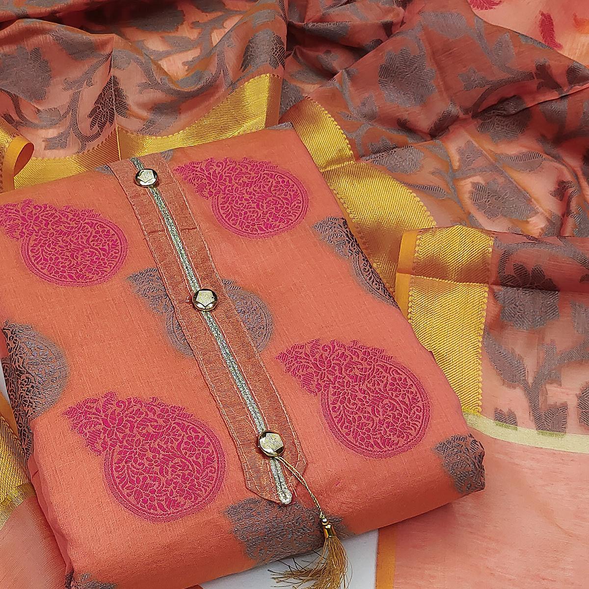 Peach Festive Wear Woven Banarasi Jacquard Dress Material - Peachmode
