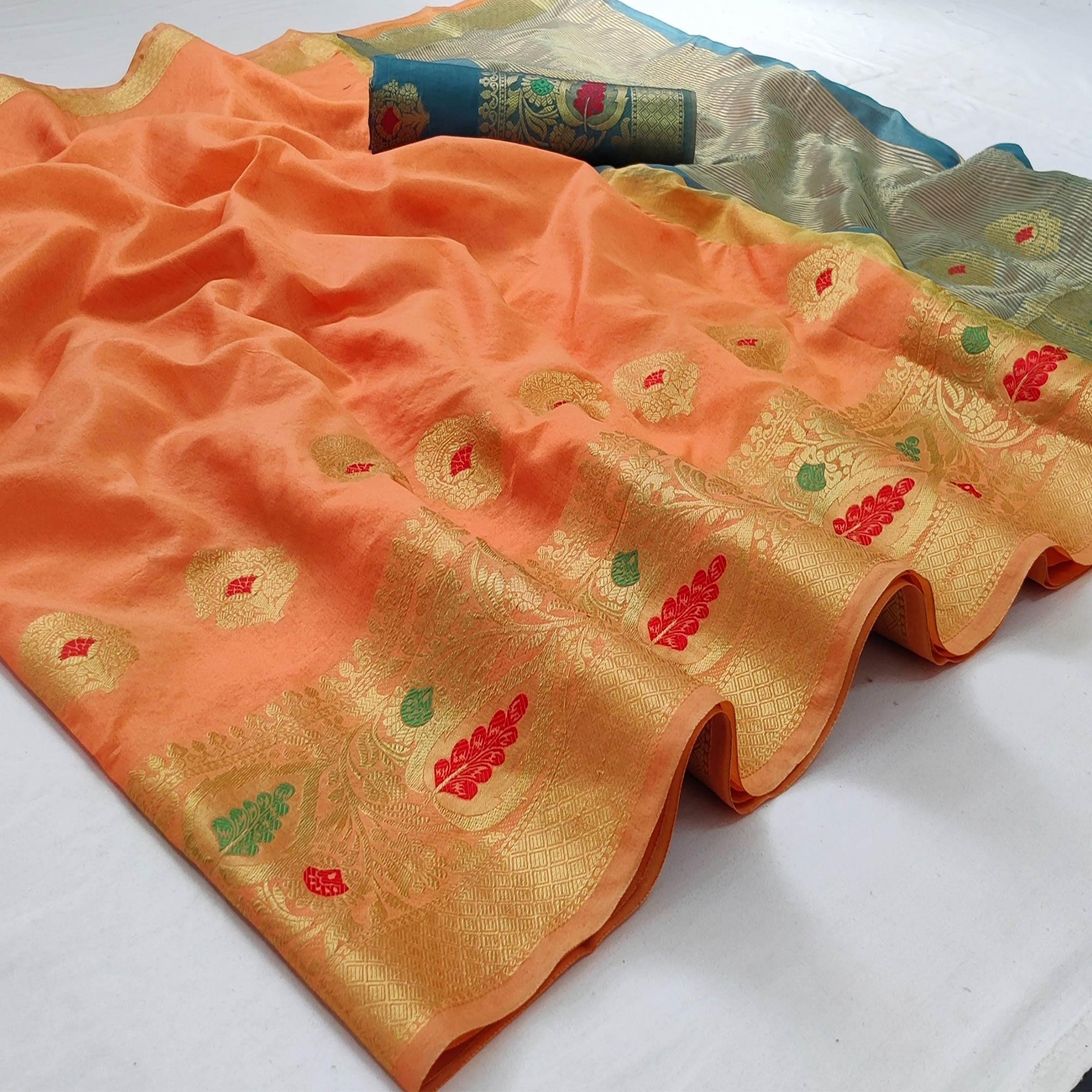 Peach Festive Wear Woven Banarasi Saree With Butta And Jacquard Border - Peachmode