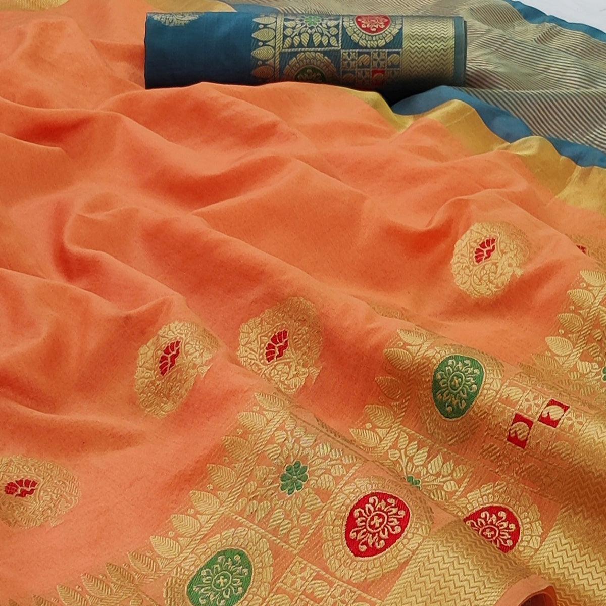 Peach Festive Wear Woven Banarasi Saree With Butta And Jacquard Border - Peachmode