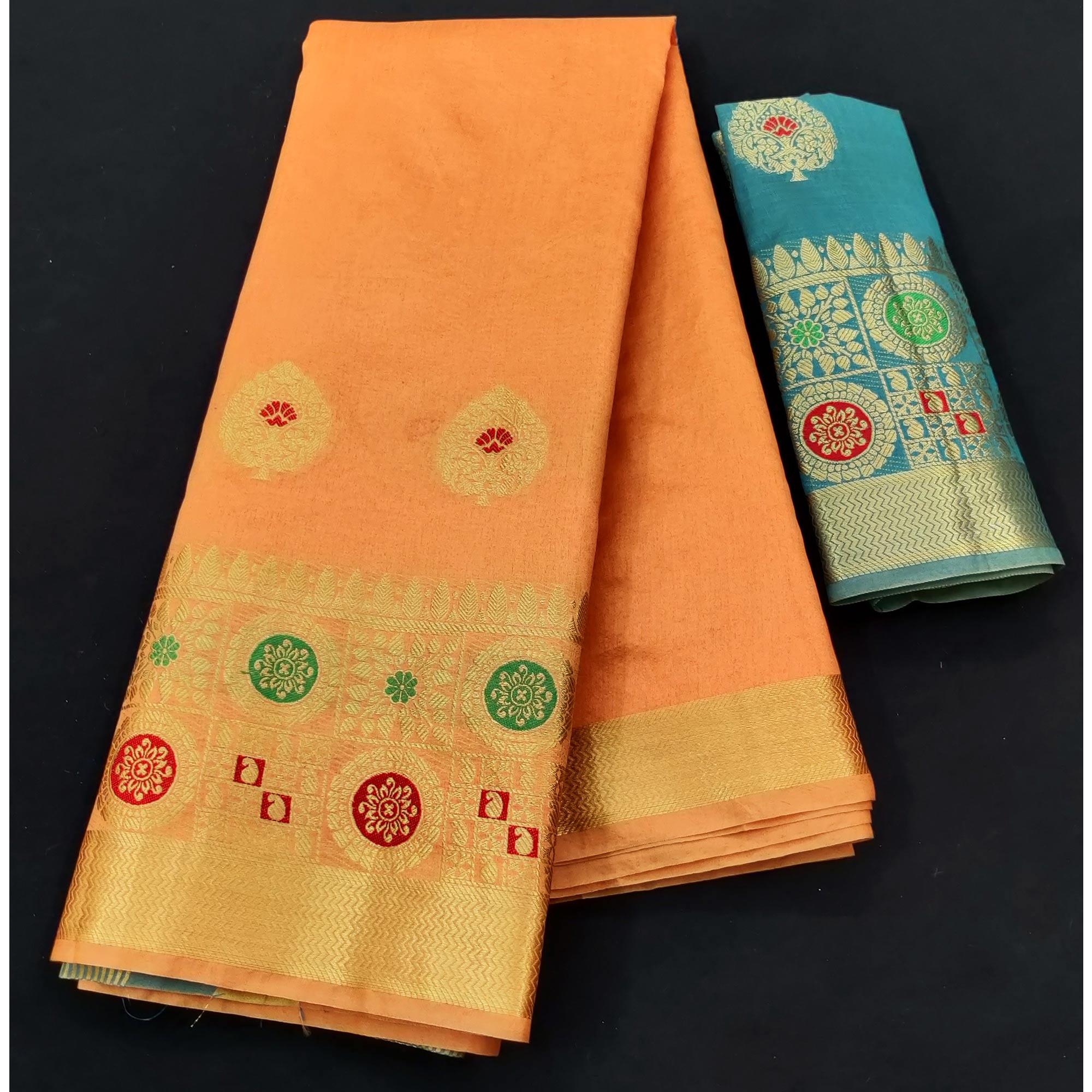 Peach Festive Wear Woven Banarasi Saree With Butta And Jacquard Border - Peachmode