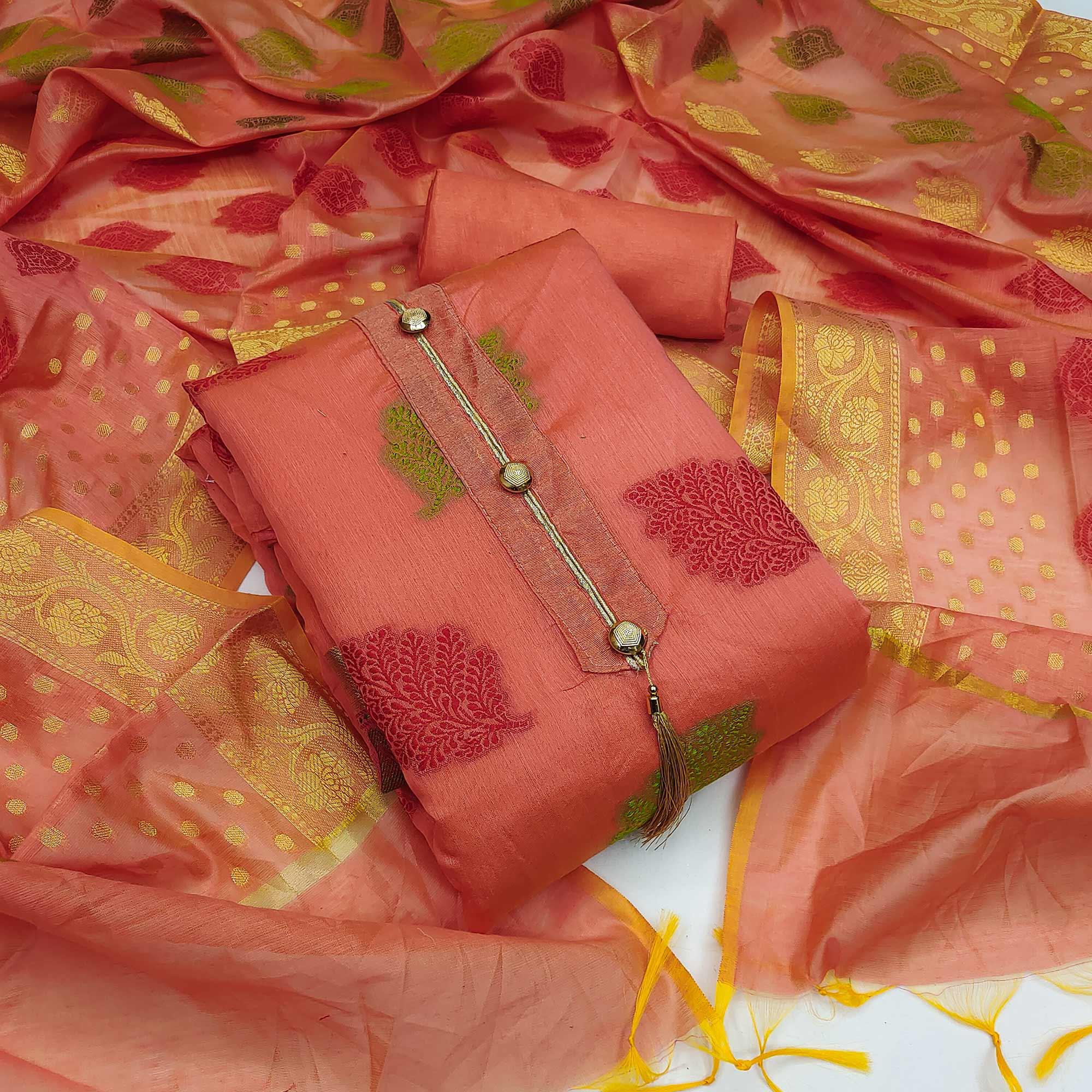 Peach Festive Wear Woven Banarasi Silk Dress Material - Peachmode