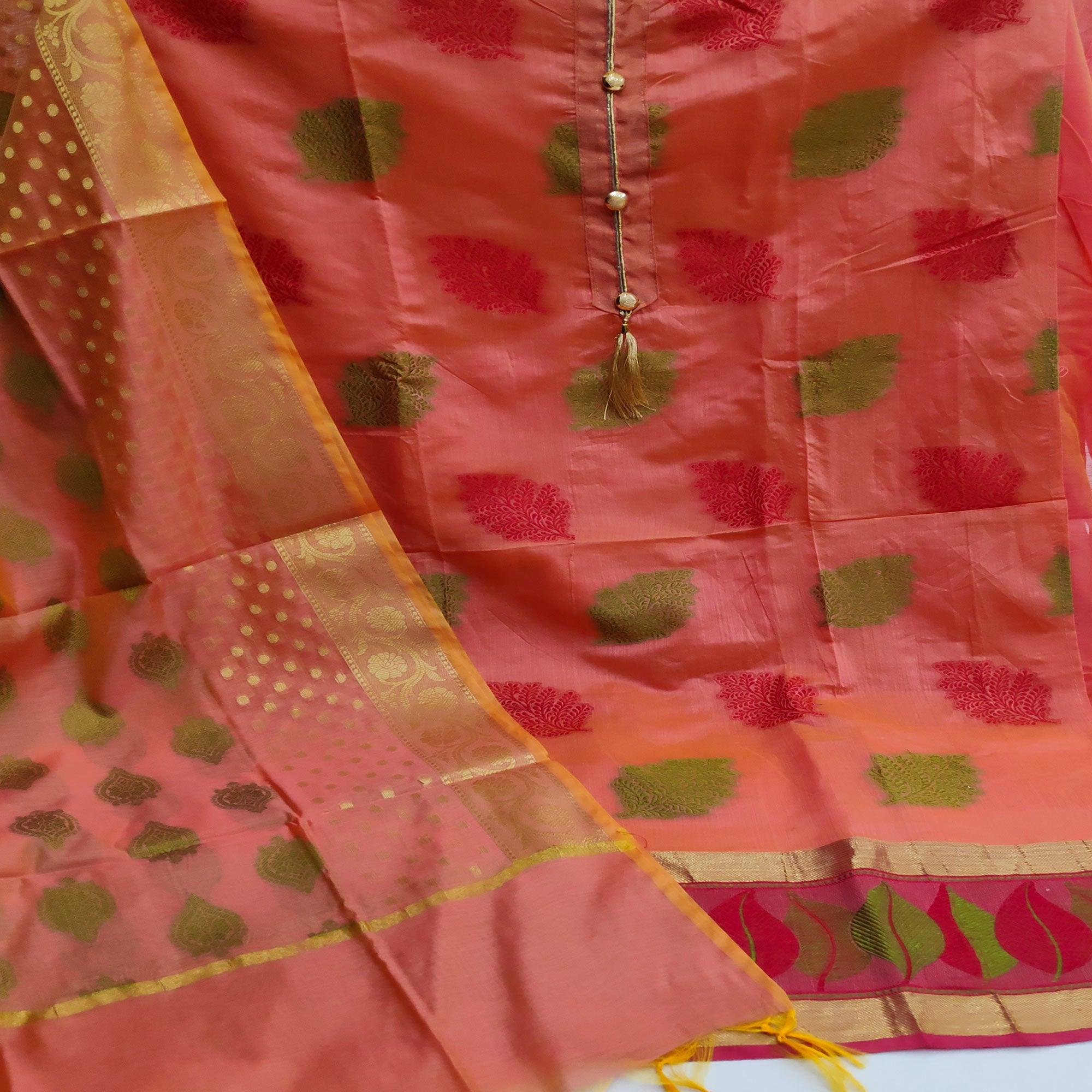 Peach Festive Wear Woven Banarasi Silk Dress Material - Peachmode
