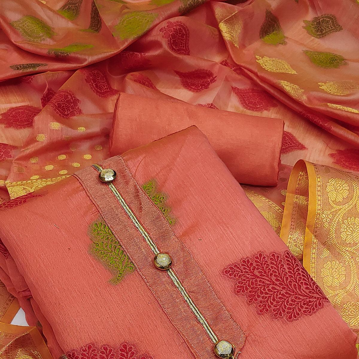 Peach Festive Wear Woven Banarasi Silk Dress Material - Peachmode