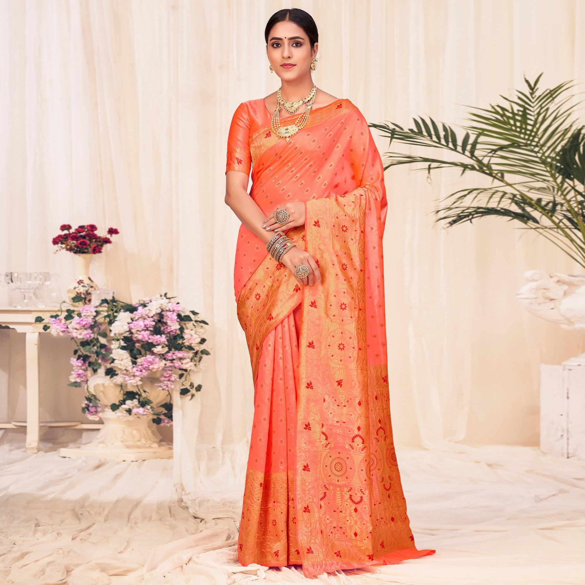 Peach Festive Wear Woven Banarasi Silk Saree - Peachmode