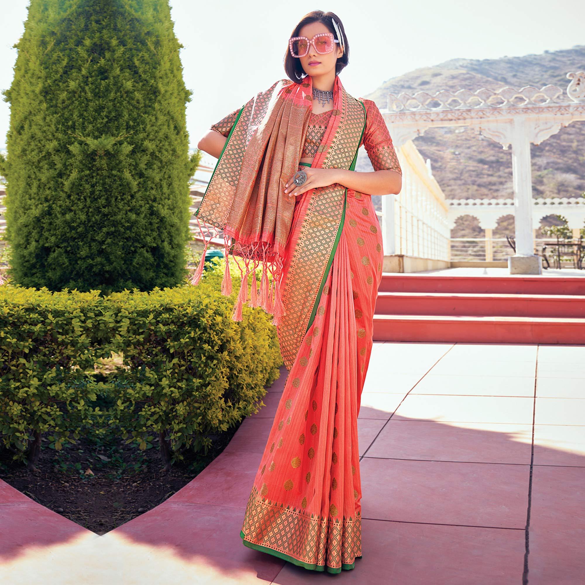 Peach Festive Wear Woven Banarasi Silk Saree - Peachmode