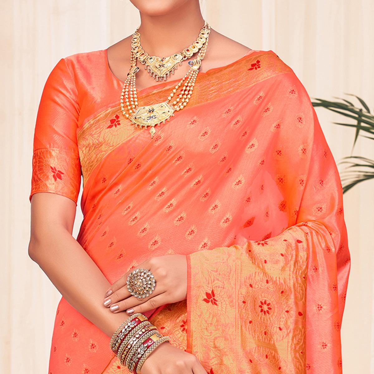 Peach Festive Wear Woven Banarasi Silk Saree - Peachmode