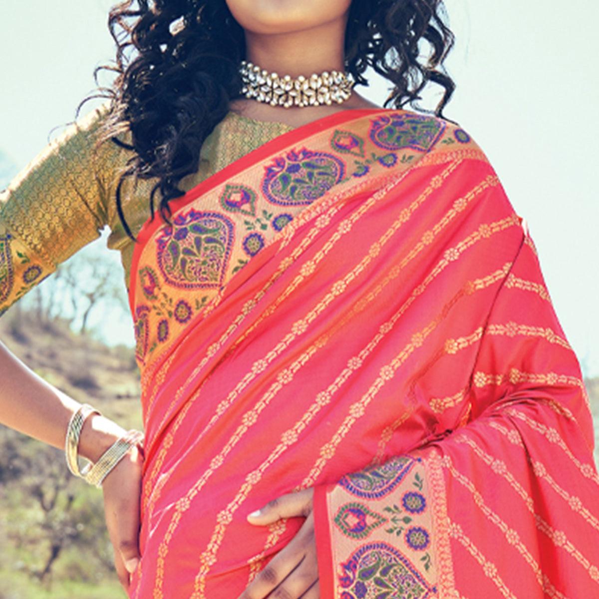 Peach Festive Wear Woven Banarasi Silk Saree - Peachmode