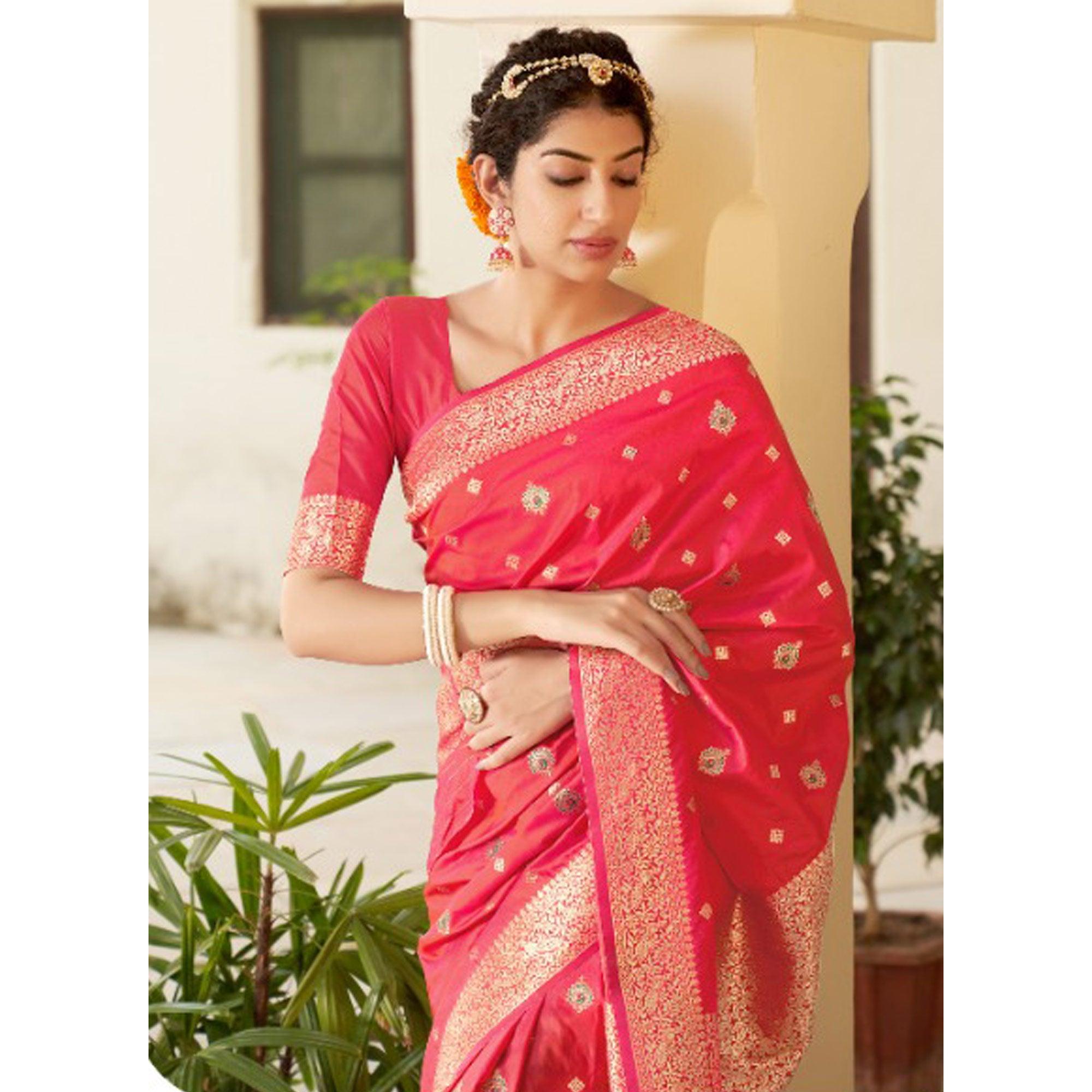 Peach Festive Wear Woven Banarasi Silk Saree - Peachmode