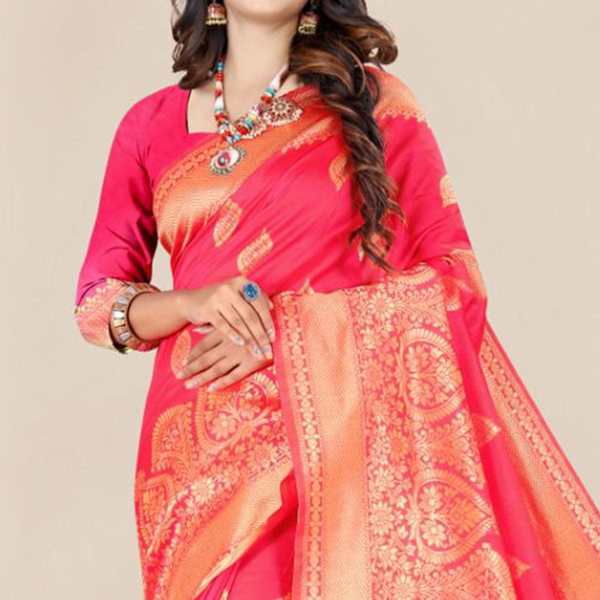 Peach Festive Wear Woven Banarasi Silk Saree - Peachmode