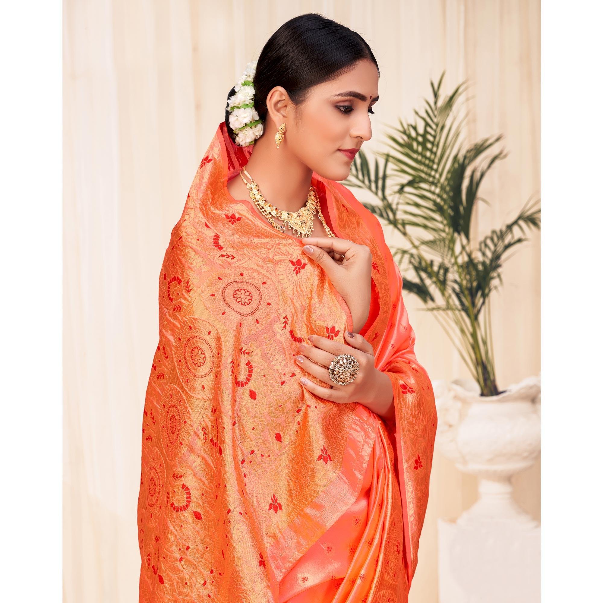 Peach Festive Wear Woven Banarasi Silk Saree - Peachmode