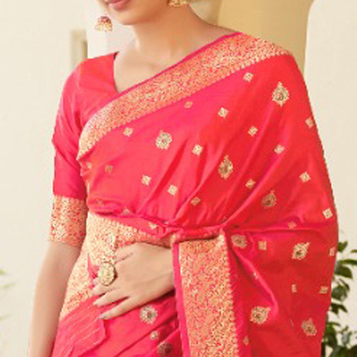Peach Festive Wear Woven Banarasi Silk Saree - Peachmode