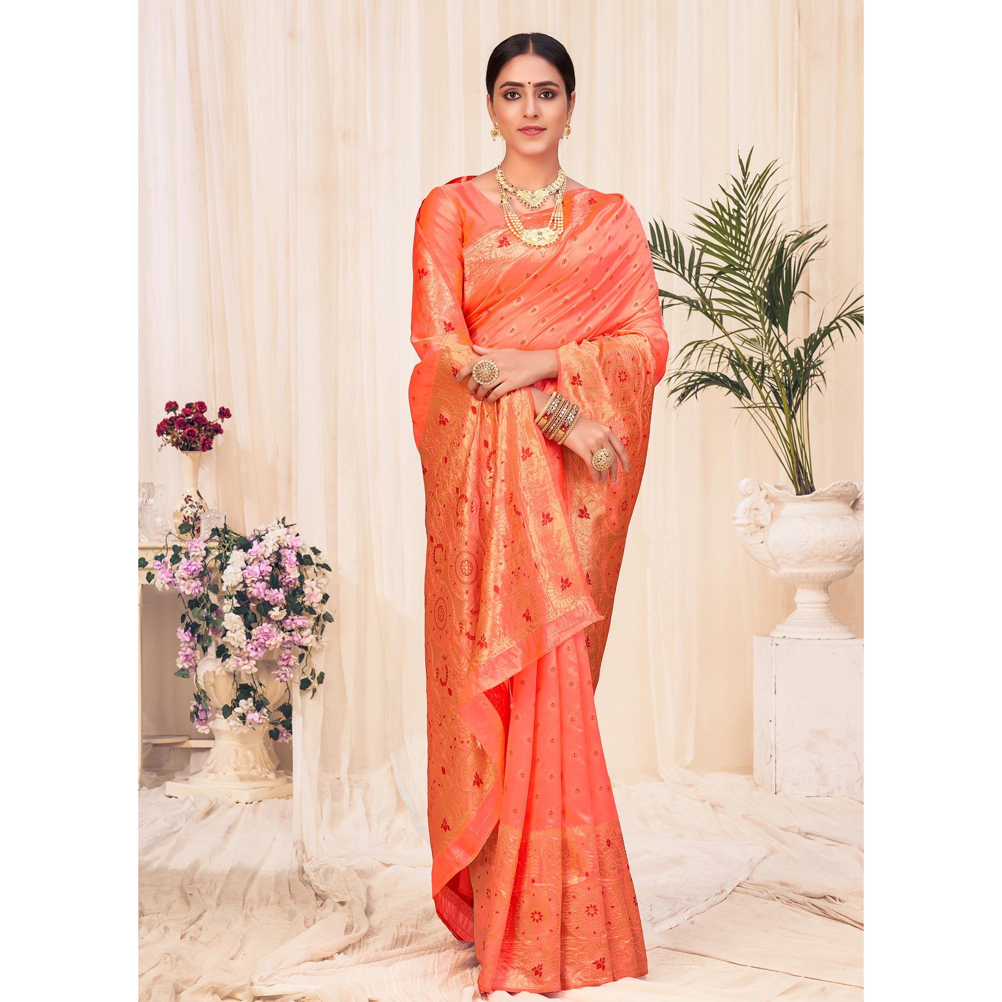 Peach Festive Wear Woven Banarasi Silk Saree - Peachmode