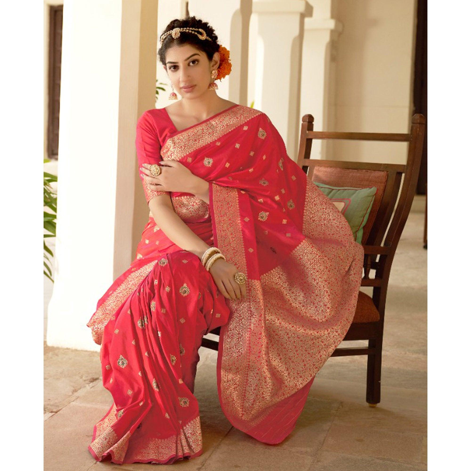 Peach Festive Wear Woven Banarasi Silk Saree - Peachmode