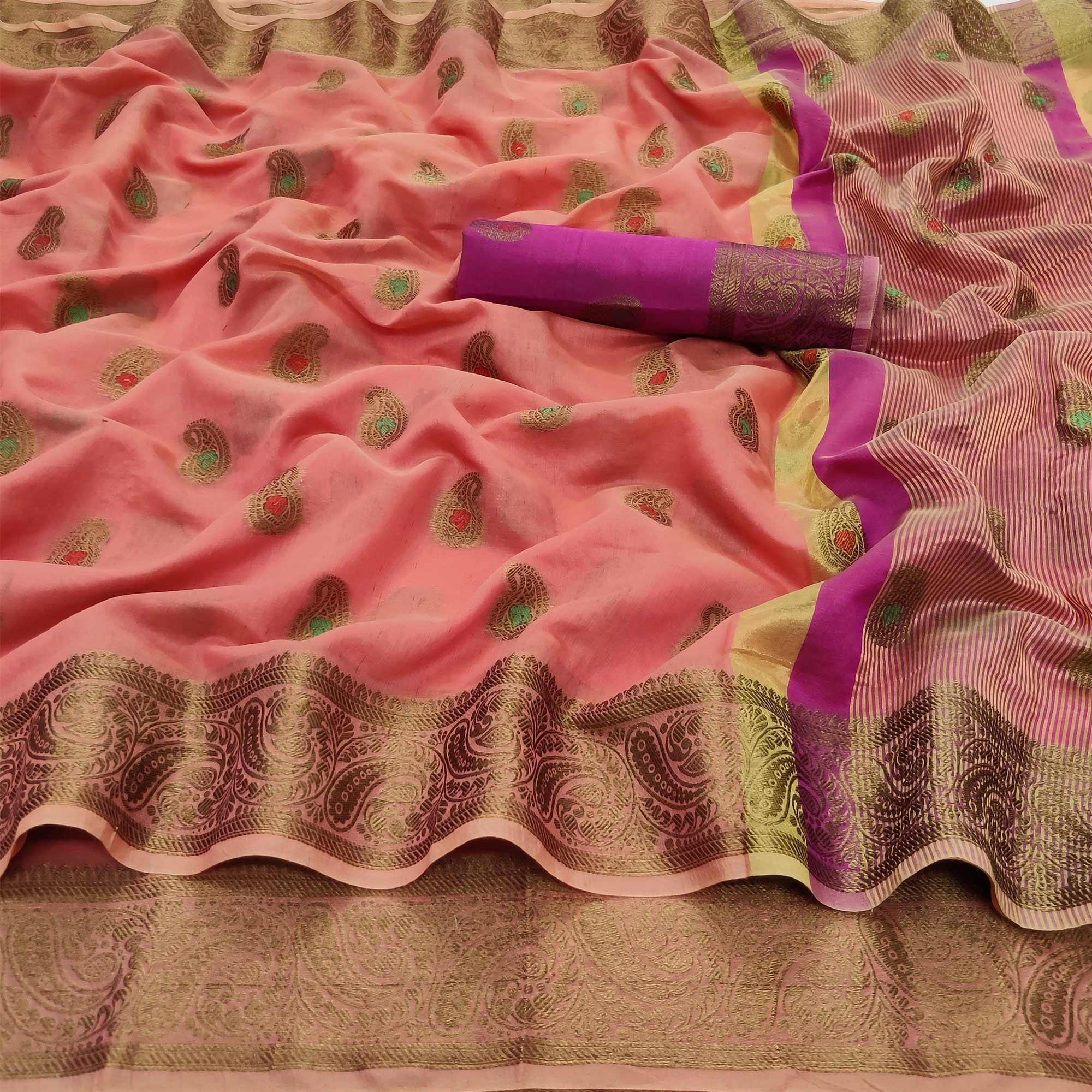 Peach Festive Wear Woven Border With Butta Work Cotton Saree - Peachmode