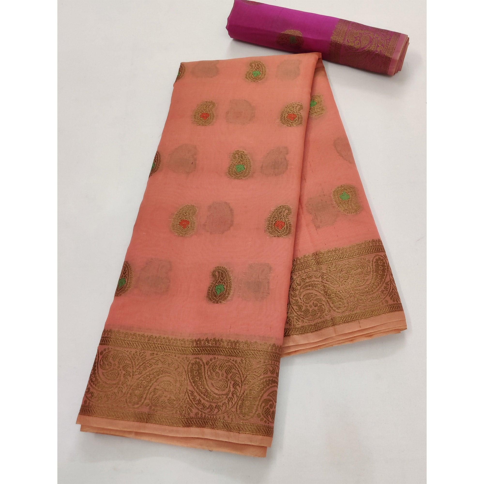 Peach Festive Wear Woven Border With Butta Work Cotton Saree - Peachmode